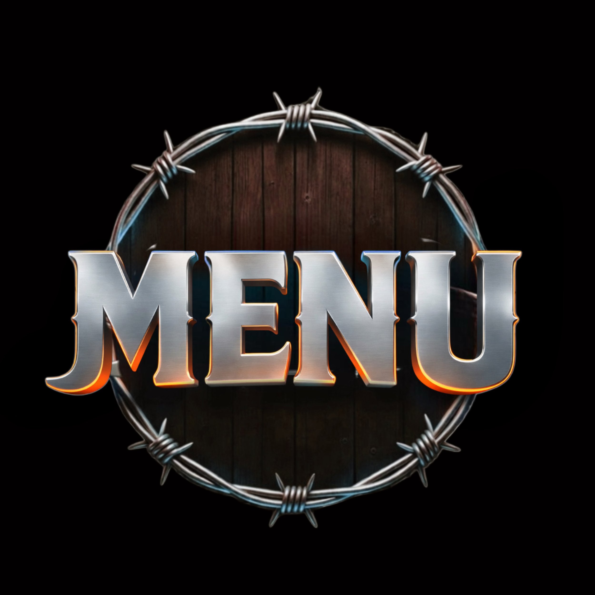 3D metallic sign reading 'MENU' surrounded by barbed wire, with a wooden background.