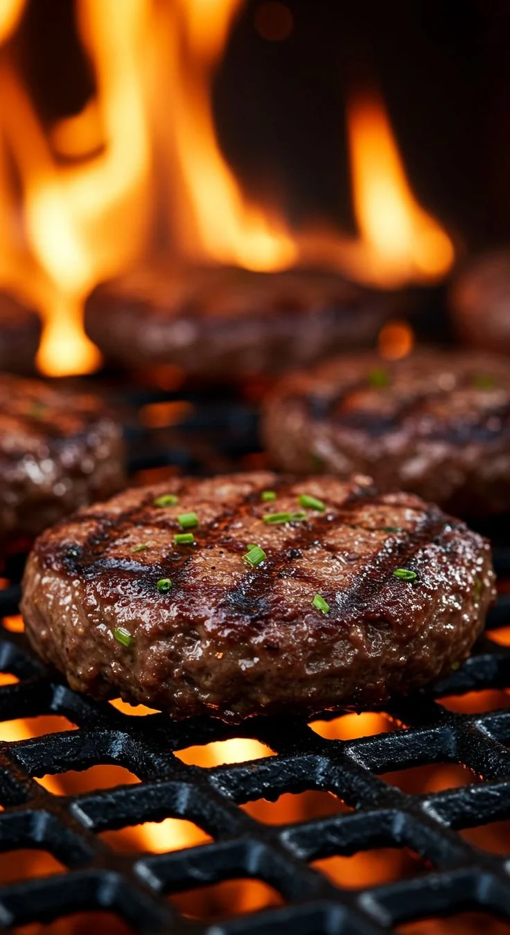Close-up of a grilled burger patty with chopped green onions on a barbecue grill, with flames in the background.