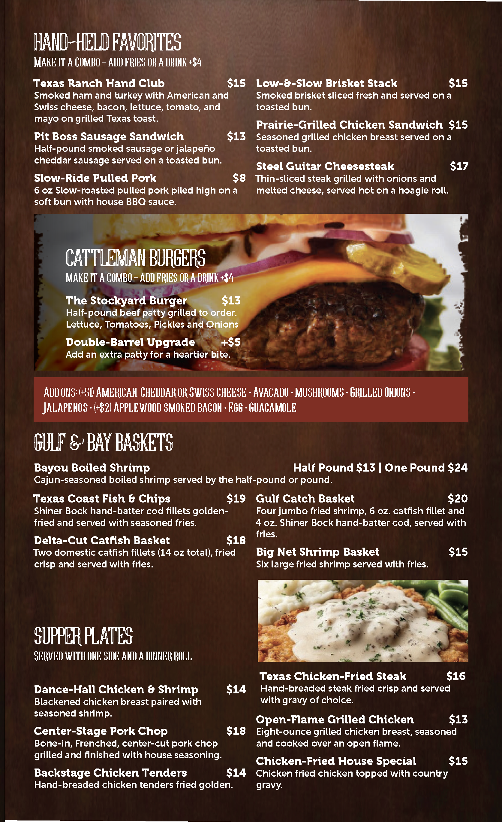 Menu featuring hand-held favorites, cattleman burgers, Gulf and Bay baskets, and supper plates with descriptions and prices.