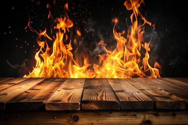 Fire burning behind a wooden table or surface.