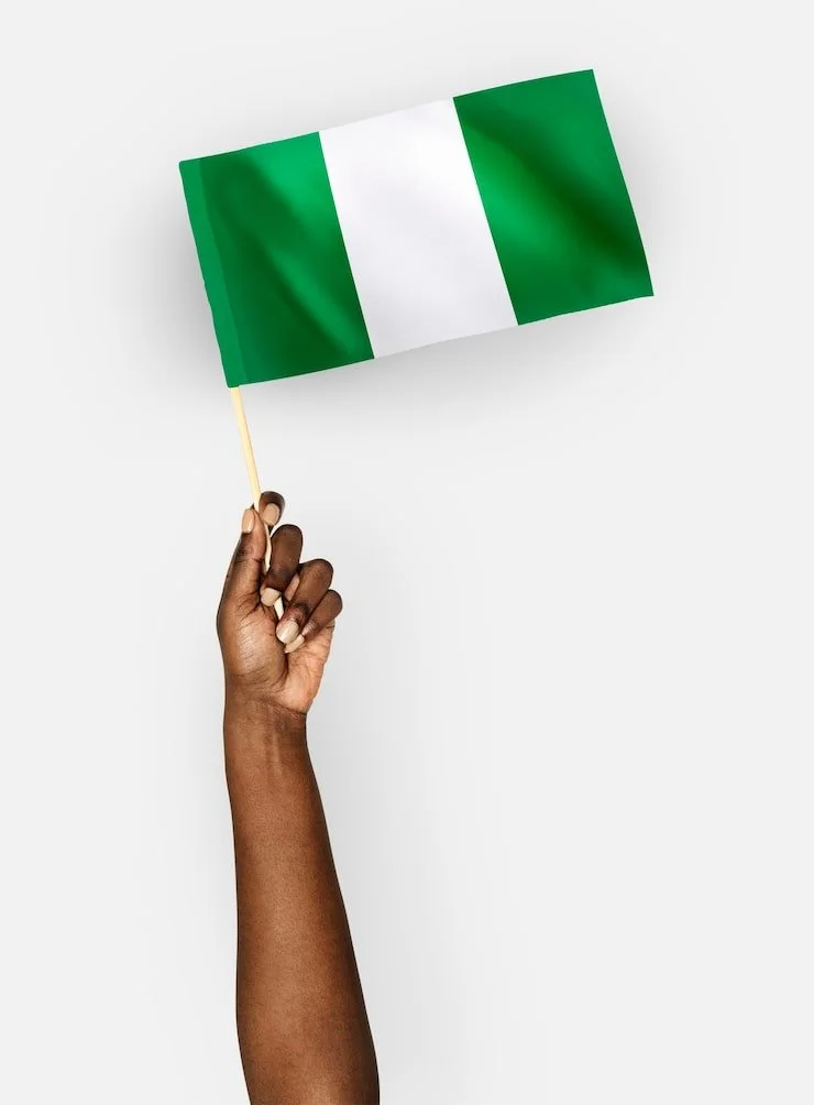 A person with dark skin holding a small Nigerian flag on a stick against a plain white background.