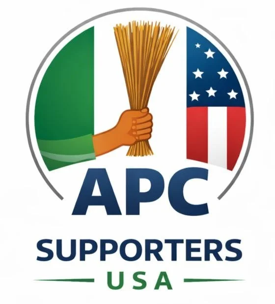 A logo for APC Supporters USA featuring a hand holding a broom, with the American flag in the background.