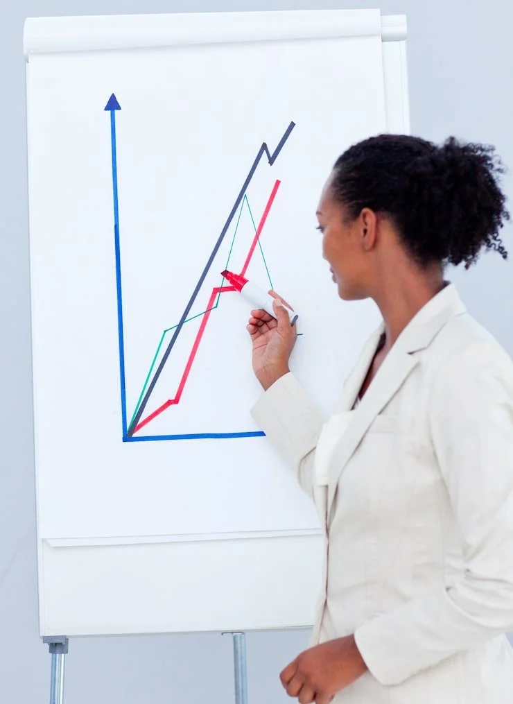 A woman in a white blazer points at a line graph on a whiteboard during a presentation
