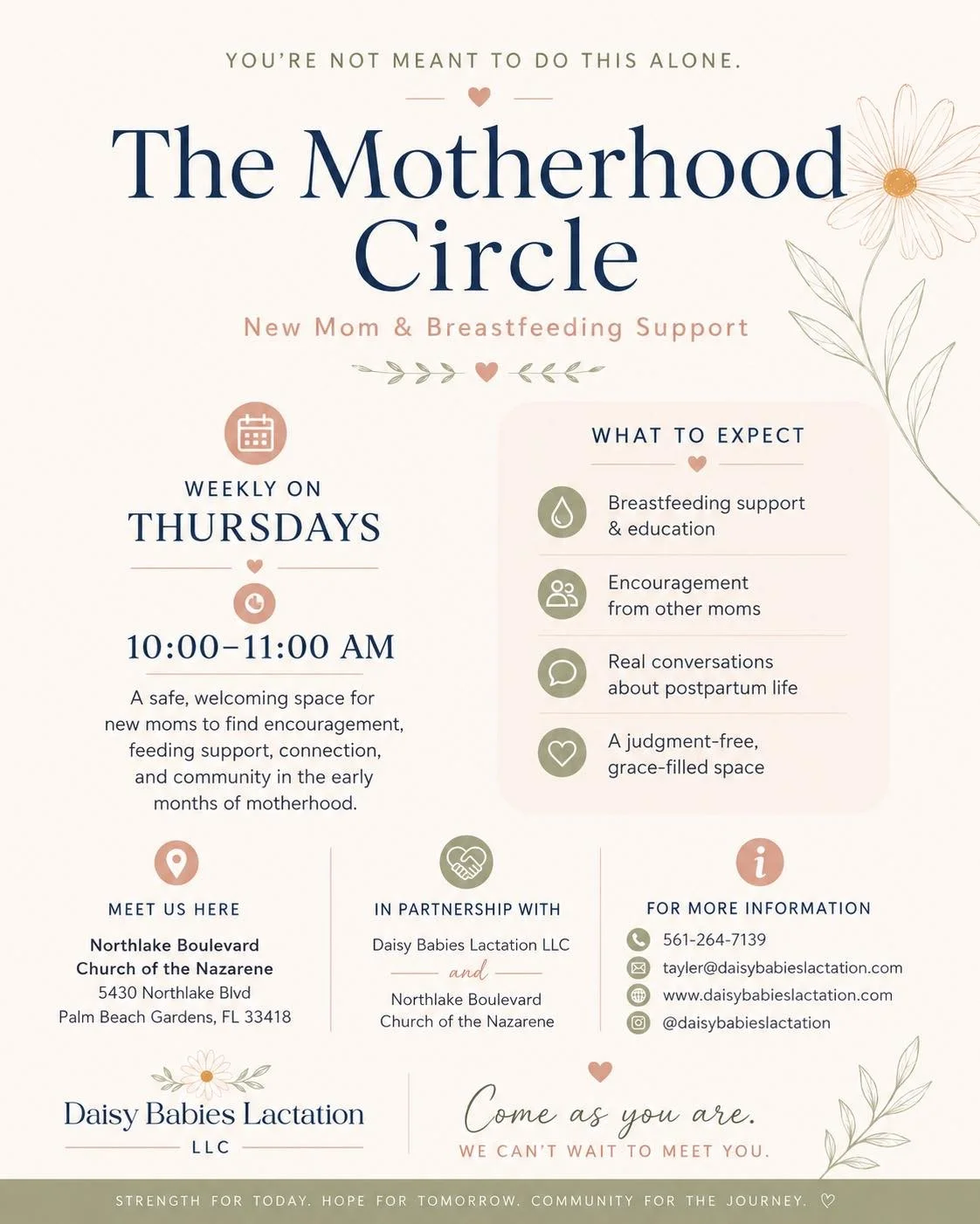Calling all new moms, moms needing an ear, moms in the middle of it all. I would like to invite you to our weekly Motherhood Circle, happening at Northlake Boulevard Church of the Nazarene. 

🌼Every Thursday
💗Come as you are
⚖️ Scales available 
💕