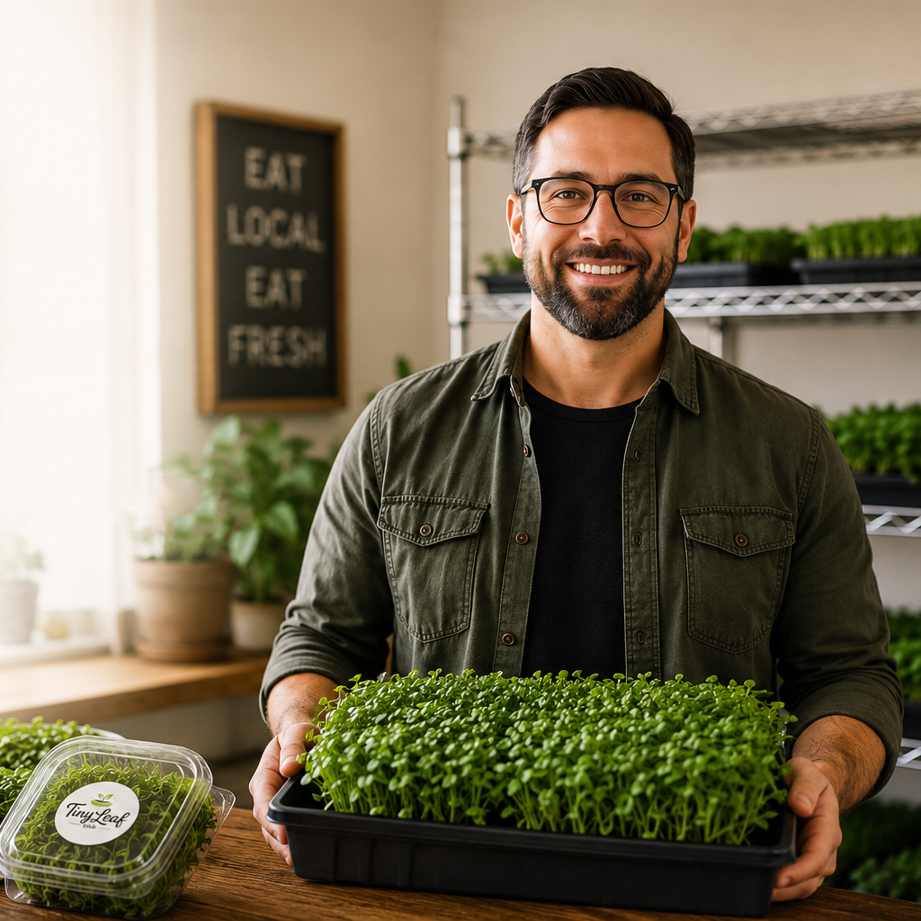A man wearing glasses and a green shirt holding a container of green seedlings in a room with shelves of plants and a sign that reads 'Eat Local Eat Fresh' in the background.