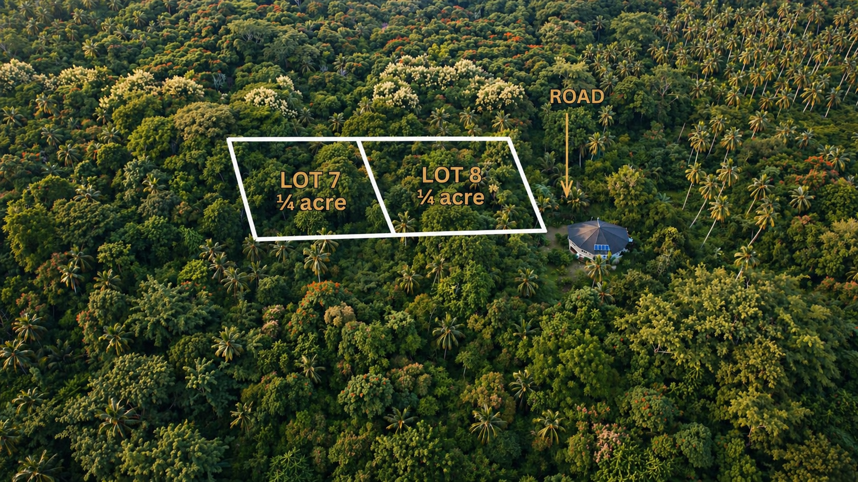 Aerial view of a lush, tropical forest with two adjacent plots of land marked 'Lot 7 1/4 acre' and 'Lot 8 1/4 acre' outlined in white. A road runs near the plots, leading to a house with solar panels on its roof among dense greenery.