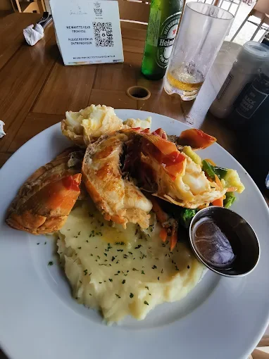 Plate of fried fish fillet with mashed potatoes and vegetables, served with dark gravy.