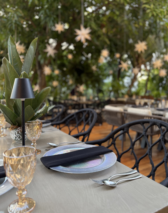 A restaurant table set with gold-rimmed glasses, a black napkin, and iridescent plates, with a potted plant, black intricate chairs, and hanging star-shaped decorations in a lush, green garden.