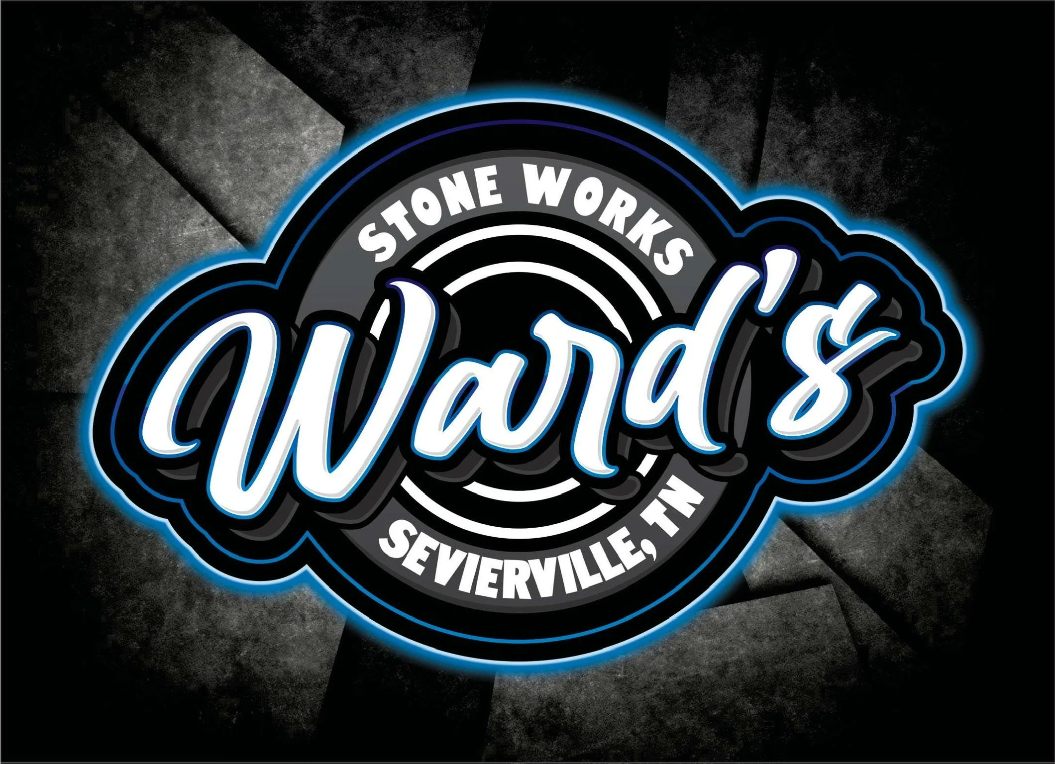 Logo for Stone Works Wads in Sevierville, Tennessee, with a dark textured background and the company name in bold stylized text.