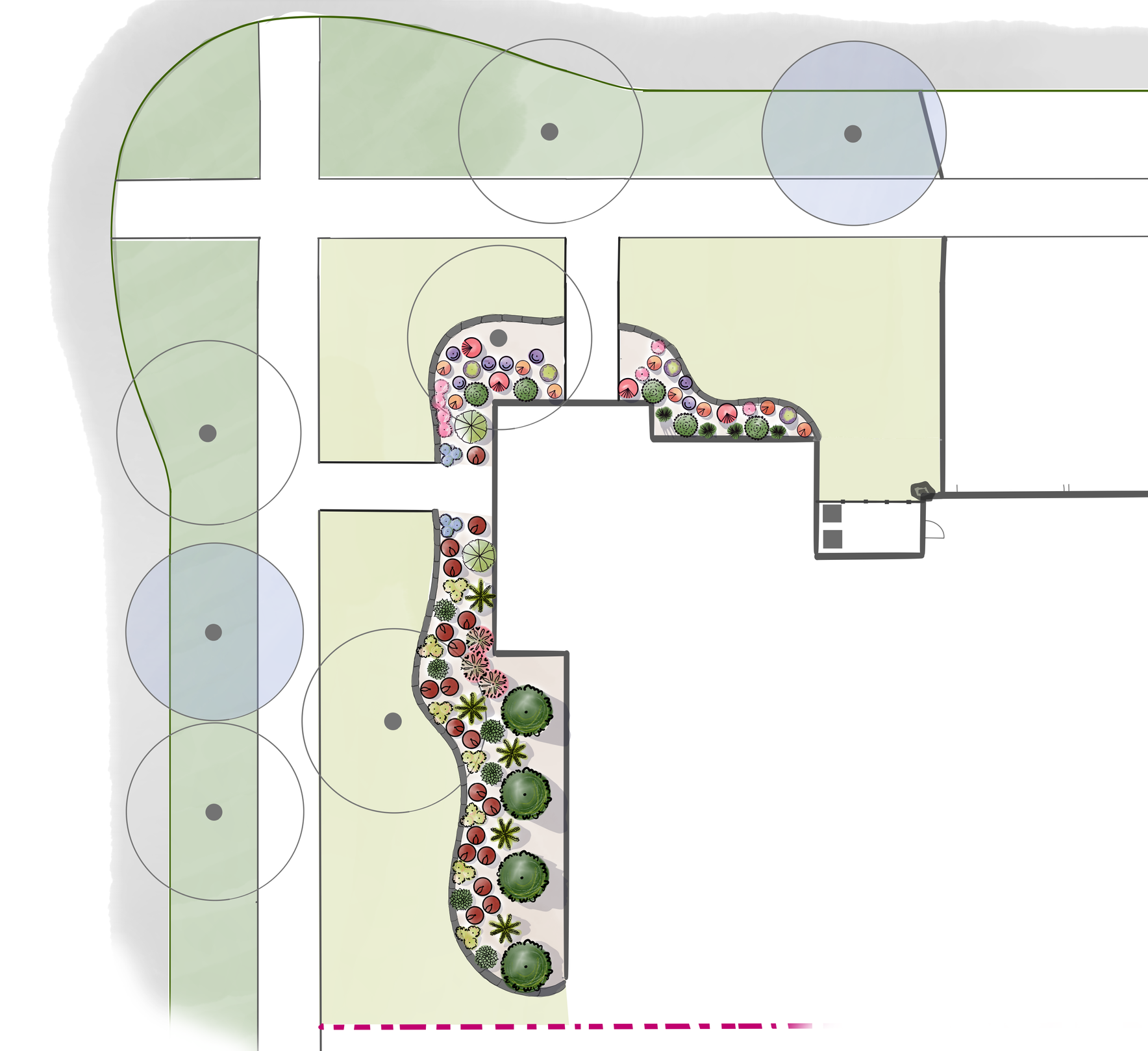 Landscaped garden with various plants and trees along a meandering pathway, adjacent to a building and nearby sports fields.