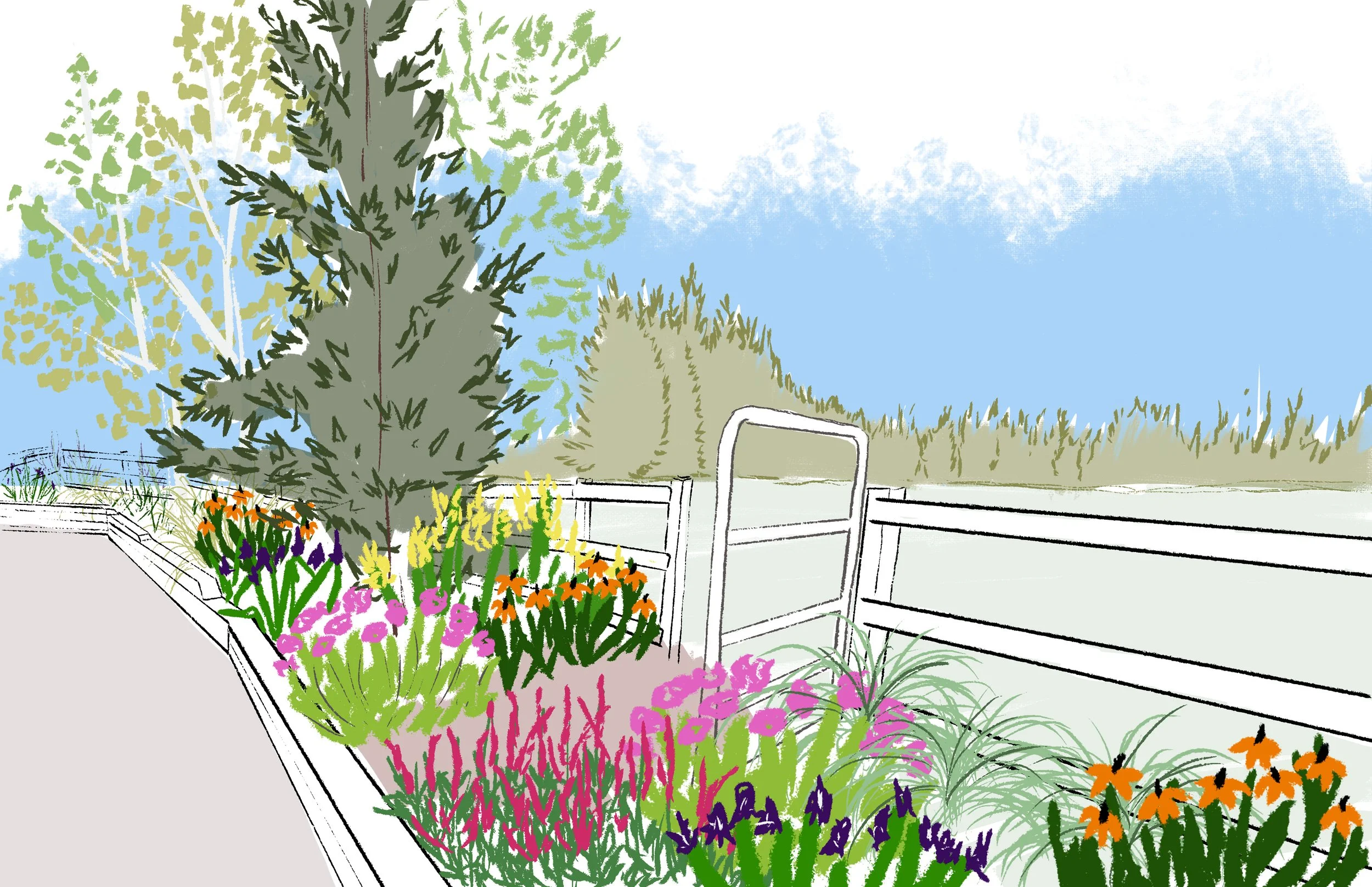 A garden with colorful flowers, a tree, and a clear blue sky, enclosed by a white fence and a gate.