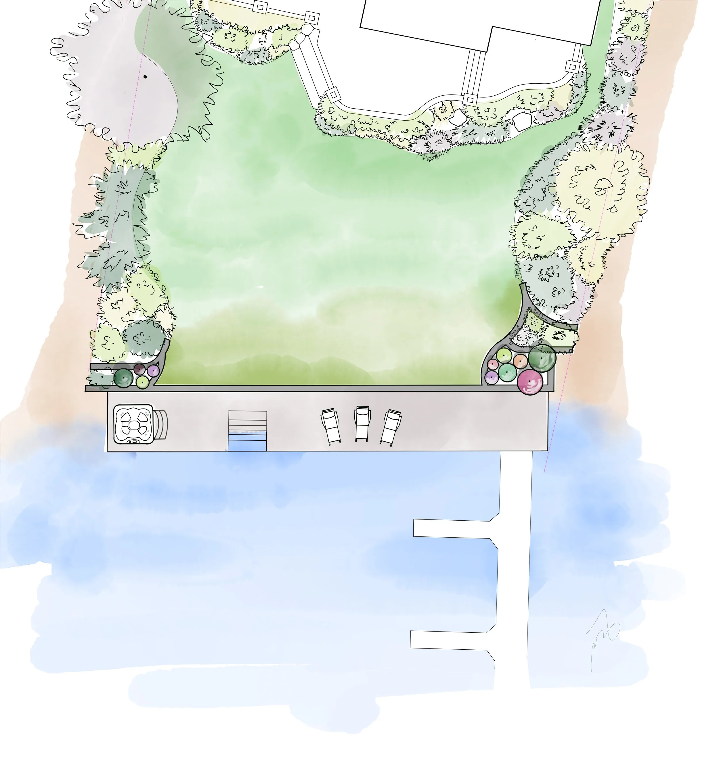 A landscaped backyard with a large grassy area, surrounded by trees and shrubs. There is a paved patio with three lounge chairs, a small pool or water feature, and a flower bed with colorful plants near the house. The house has a deck and stairs lead