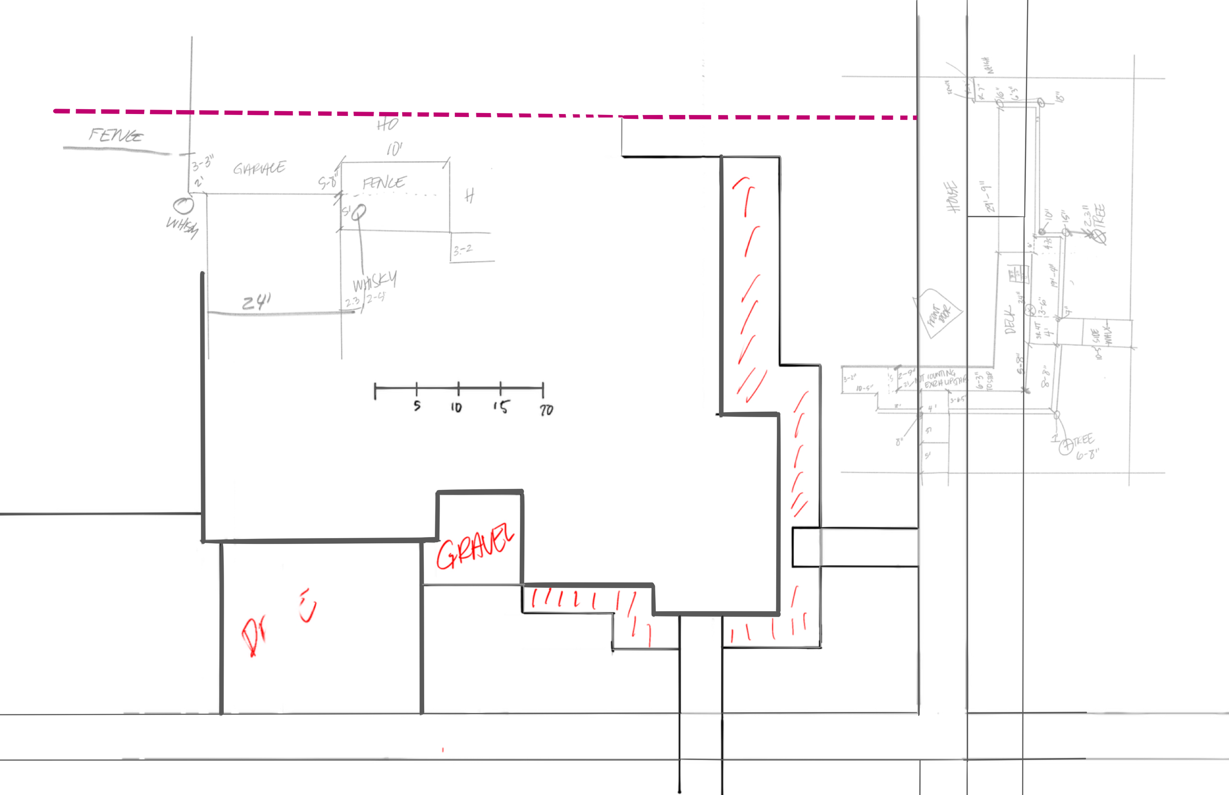 A detailed architectural blueprint of a house interior with specific room measurements, fencing sections, garage, porch, and labeled areas, including handwritten notes and color-coded annotations.