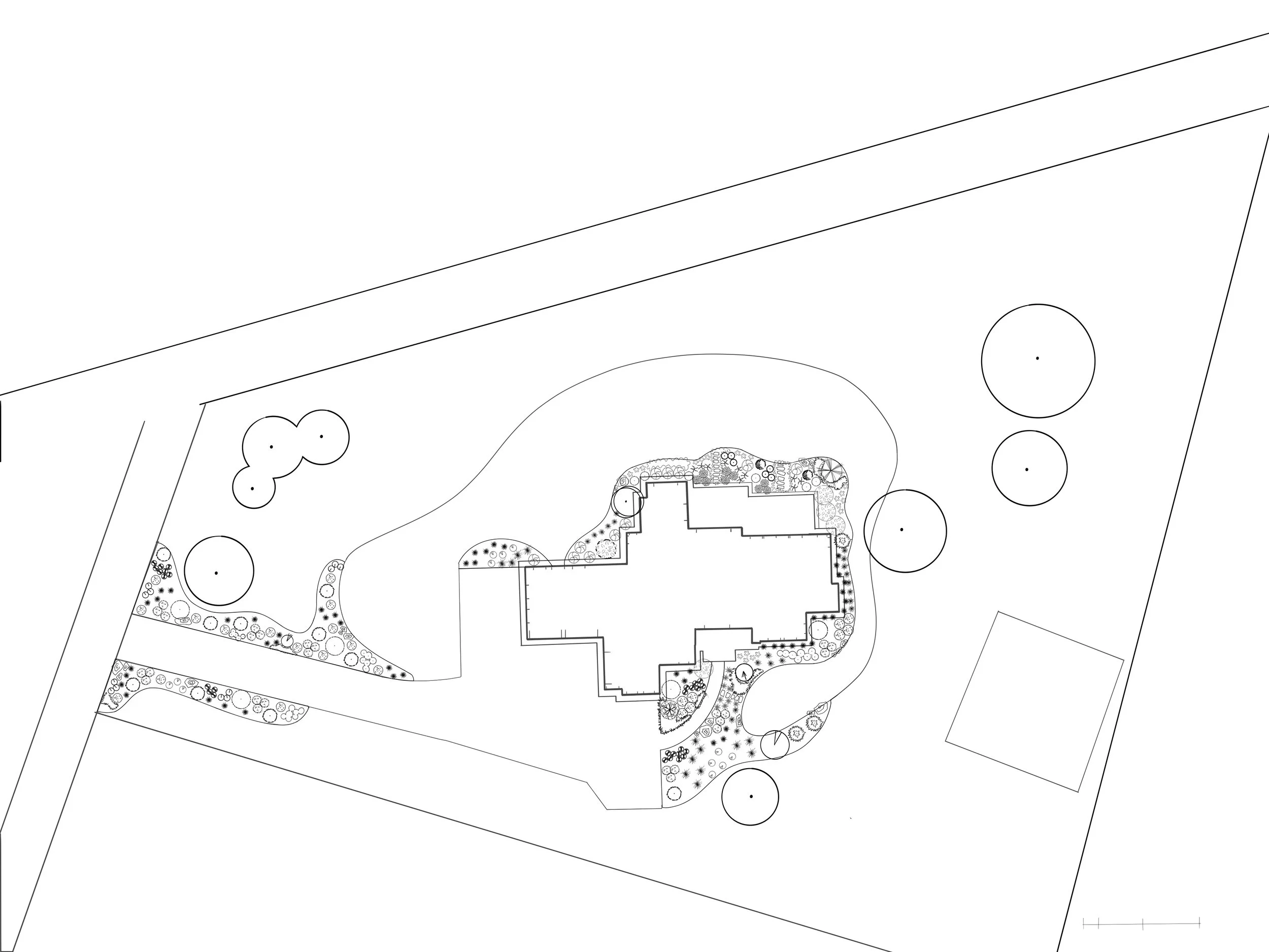Landscape architectural plan of a property with pathways, trees, and a building outline.