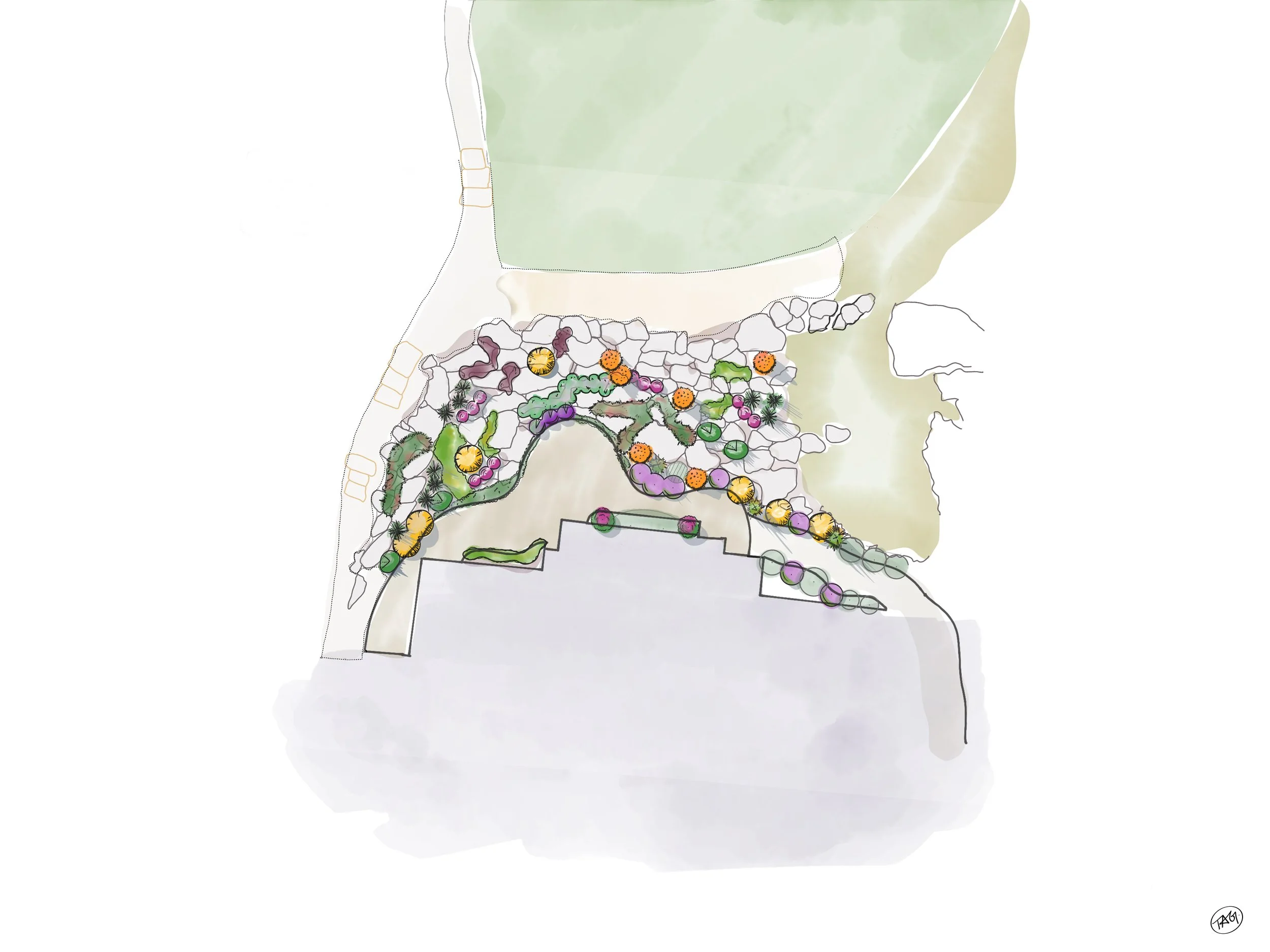 A landscape architectural plan with colored plant symbols, pathways, and a section of a green field at the top.