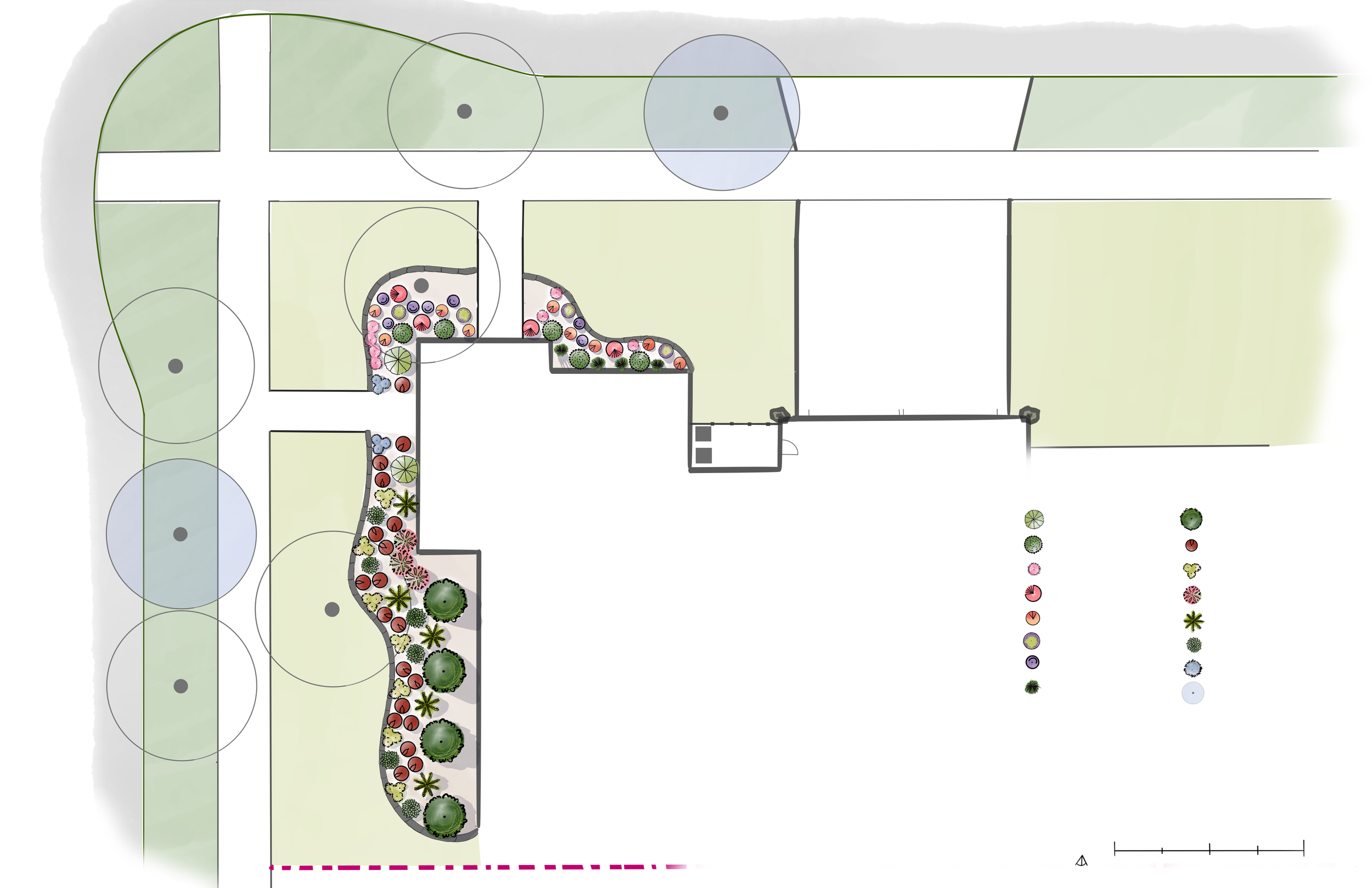 Site plan including pathways, planting beds with various plants and trees, and green lawns, with a color-coded design and plotting details.