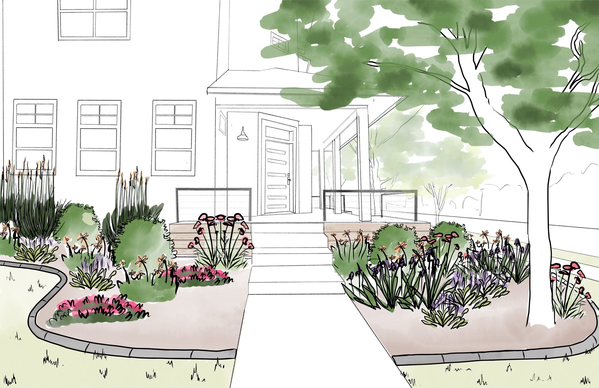 A black and white line drawing of a house's front entrance with a small porch and steps, surrounded by colorful garden beds filled with various plants and flowers, and a large tree with green foliage to the right.