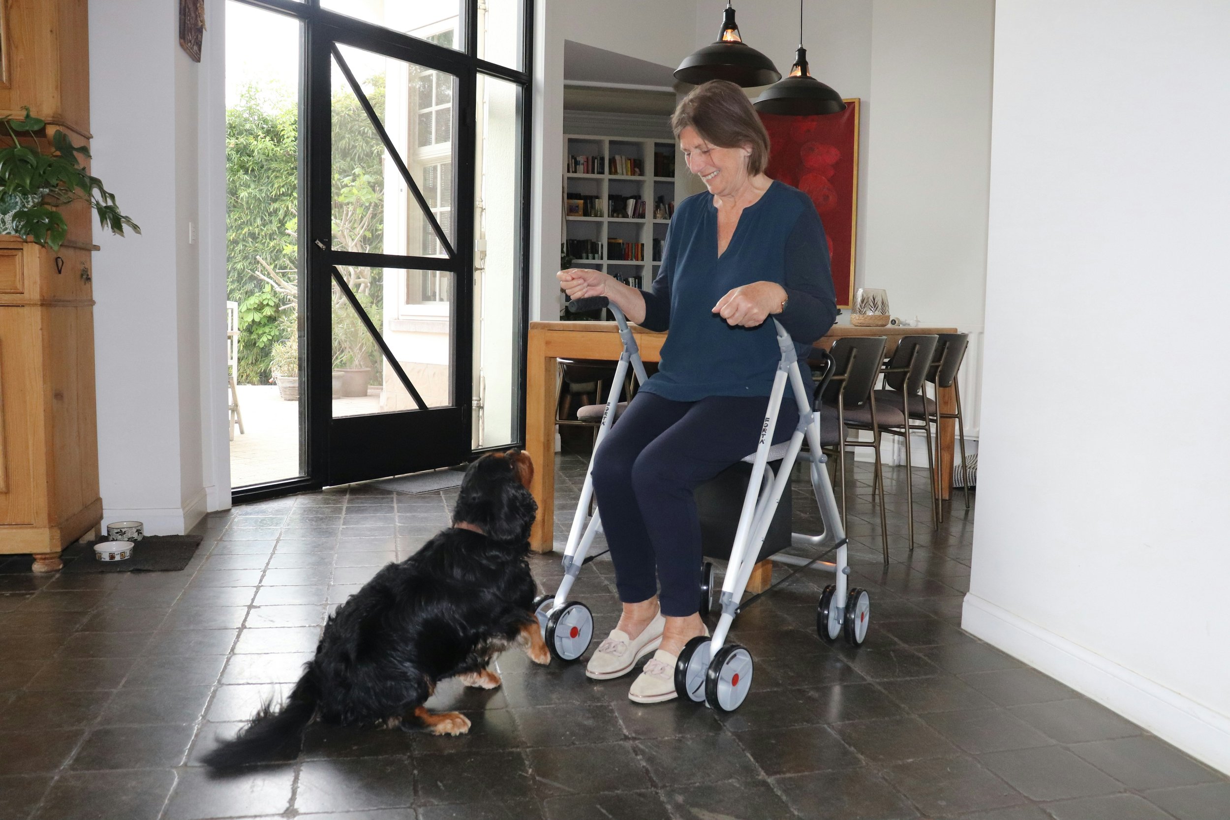 An elderly woman seated in a walker playing with a black and tan dog inside a modern home.