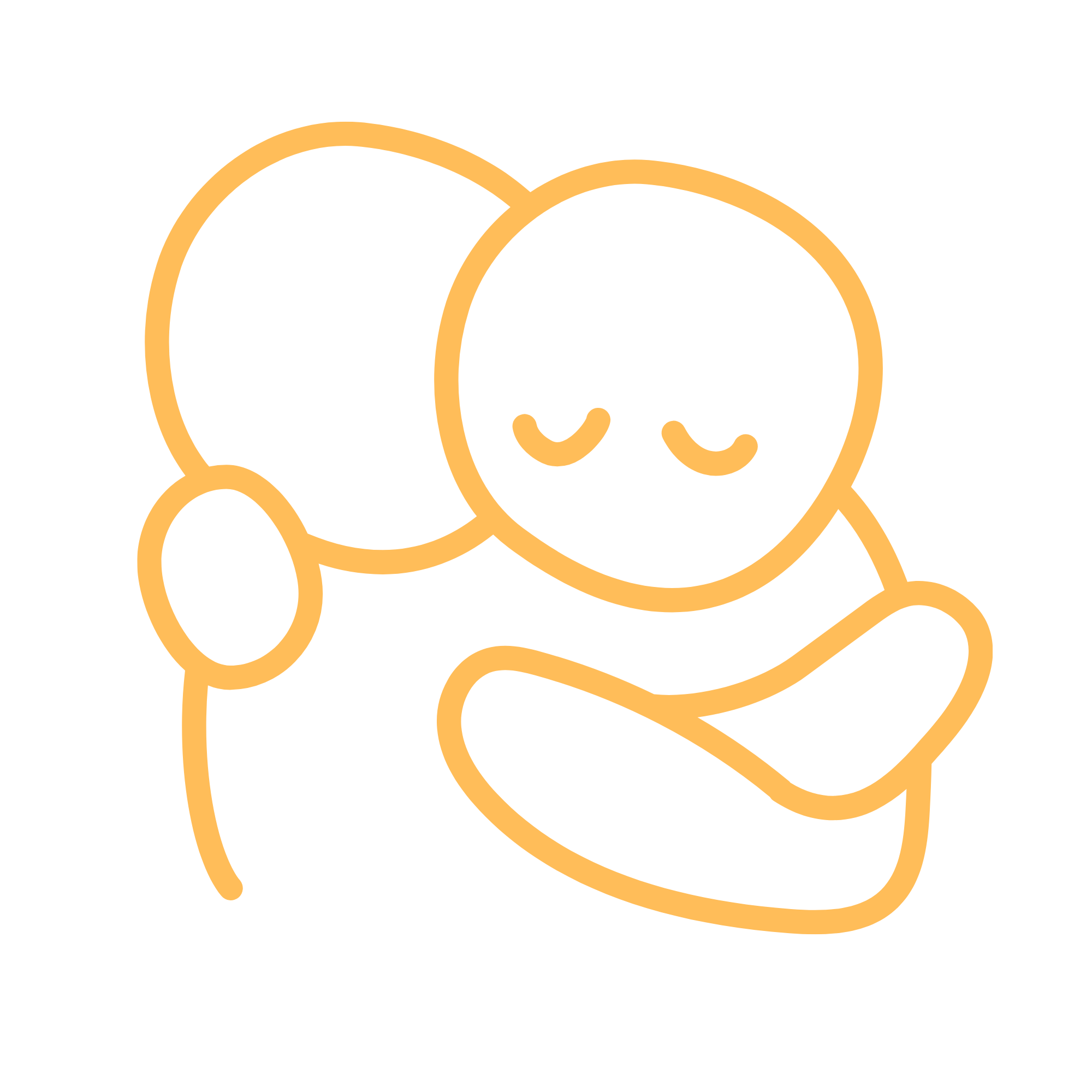 Line drawing of a smiling face with closed eyes, surrounded by multiple overlapping circles.