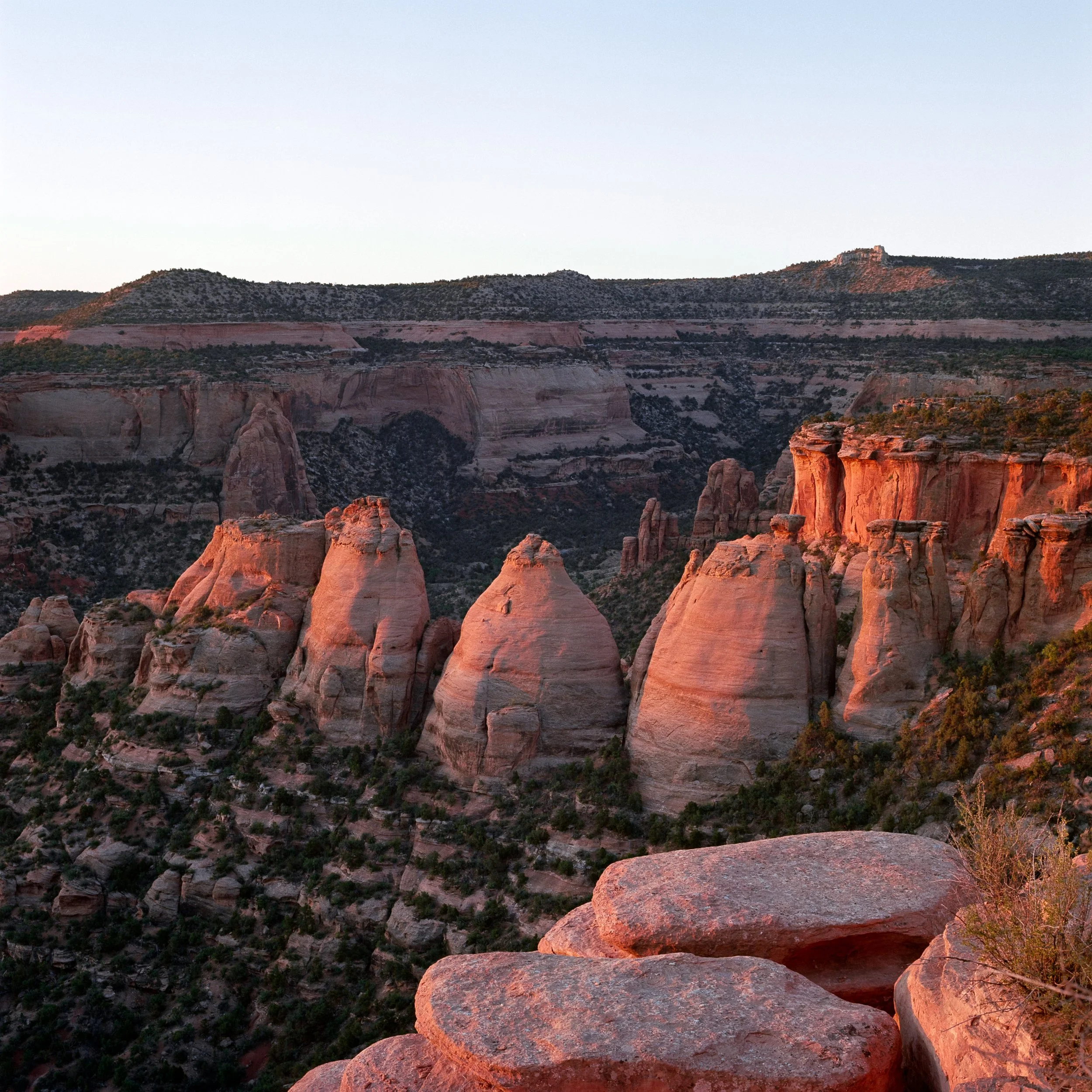 Sunset view of the rock formations in a canyon with layered cliffs and sparse vegetation.