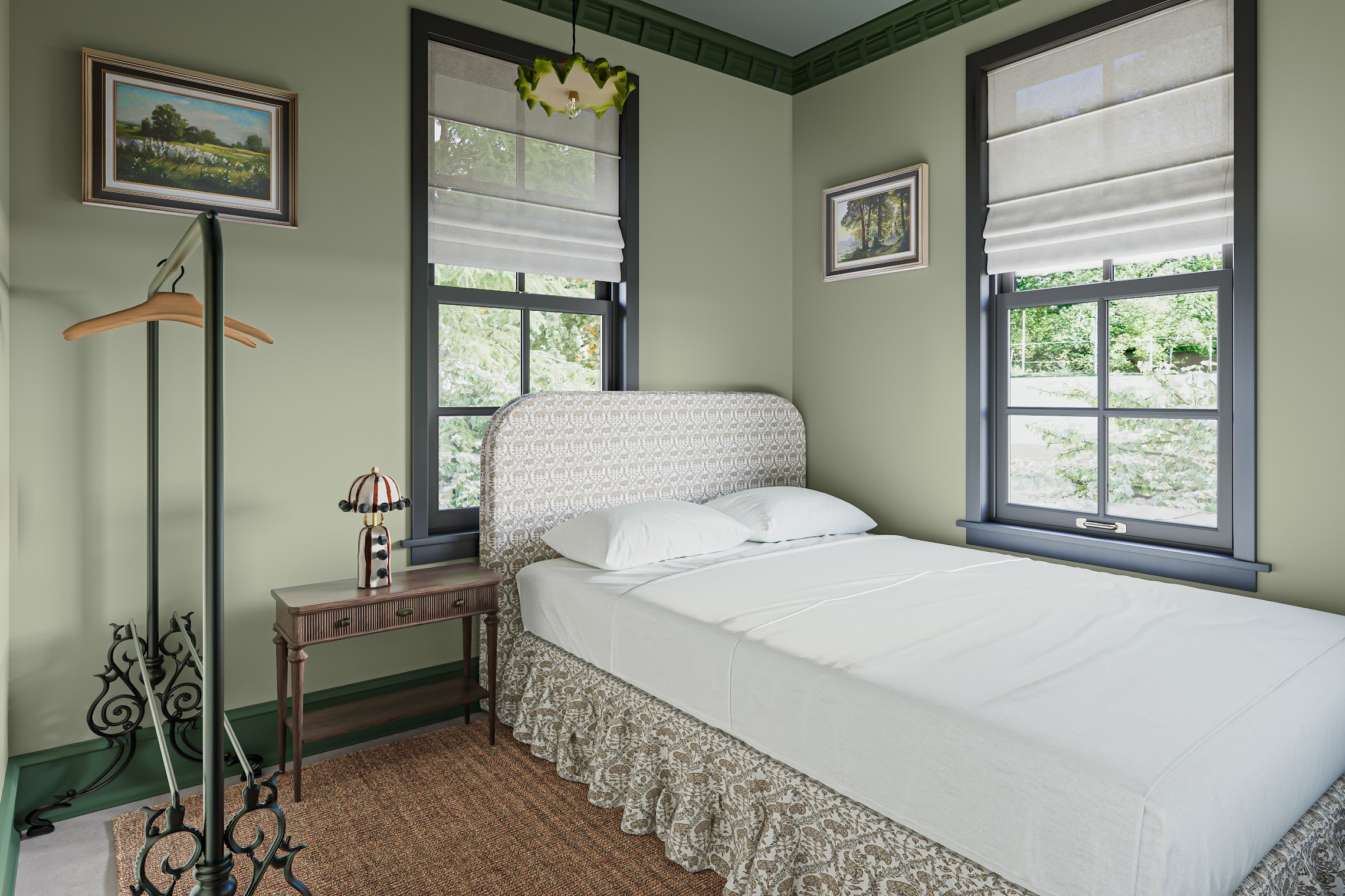 A bedroom with light green walls and large windows with white blinds, a bed with a patterned headboard and white bedding, a wooden nightstand, a lamp with a decorative shade, and paintings hanging on the walls.
