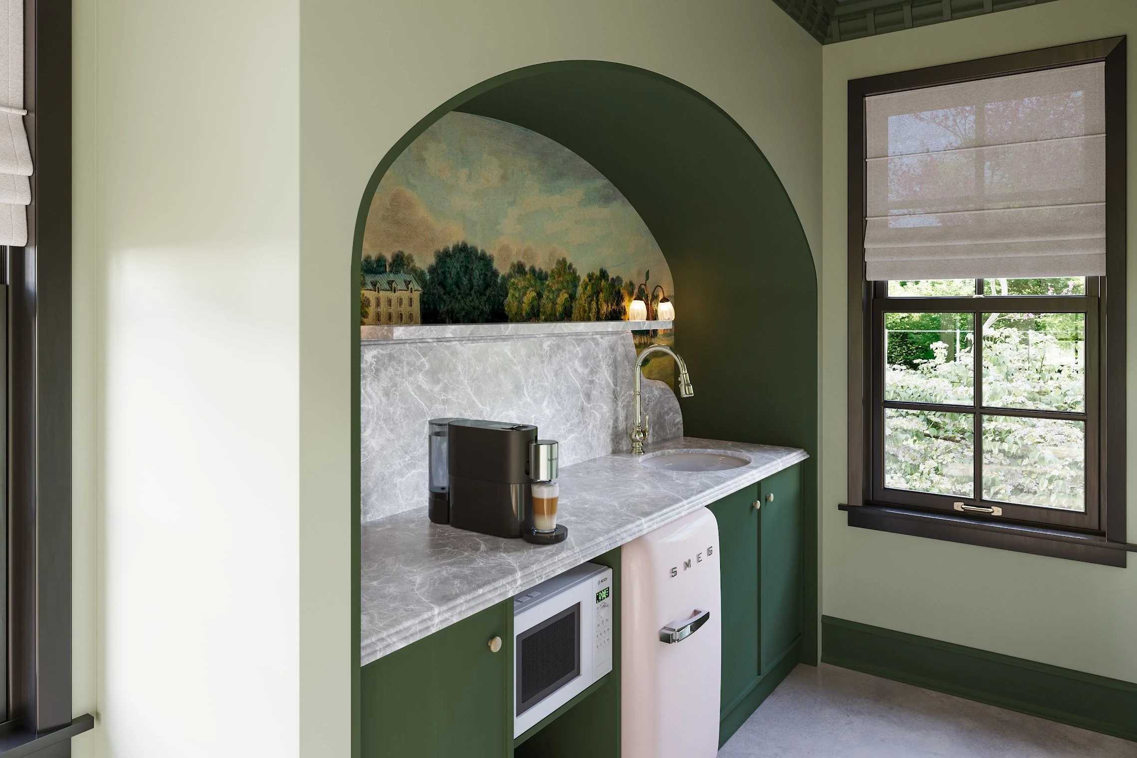 Kitchen with green cabinets, marble countertop, window with shades, painting with landscape, coffee maker, microwave, and small fridge.