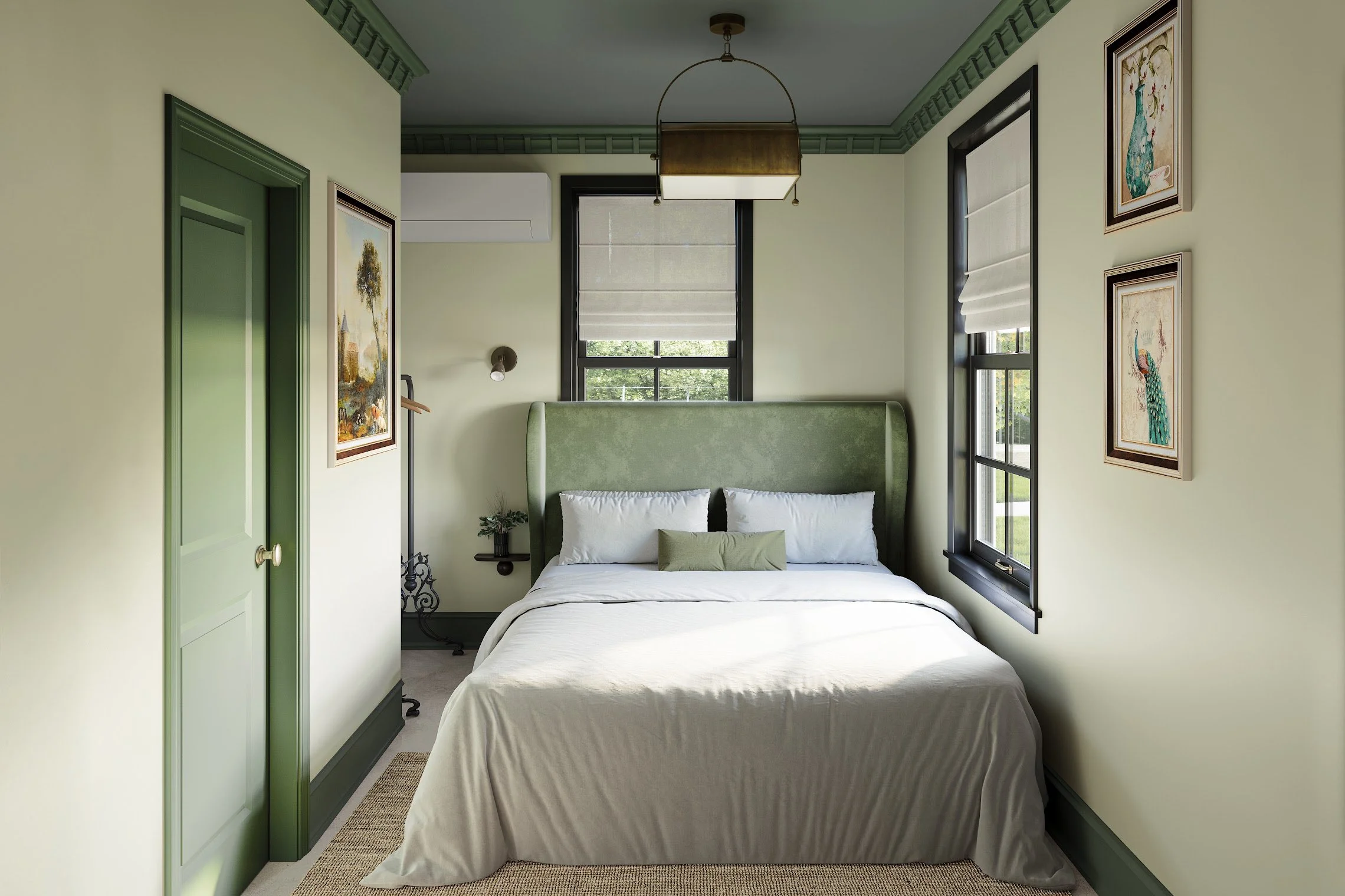 A bedroom with a green upholstered headboard, white bedding, and three pillows, two large and one small, against a beige wall with framed pictures of peacocks and nature. There are two windows with white blinds, a ceiling light fixture, a wall-mounted lamp, and a small side table with a plant. A green door is partially open on the left side of the image.