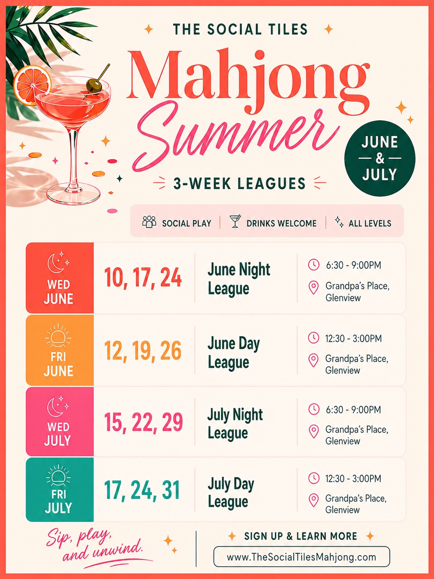 Looking for your new summer ritual? ☀️
Mahjong, drinks, and good company.
Join our June &amp; July leagues- come solo or bring a friend, we&rsquo;ll take care of the rest ✨
🀄️ All levels welcome
Sign up: link in bio or visit TheSocialTilesMahjong.co