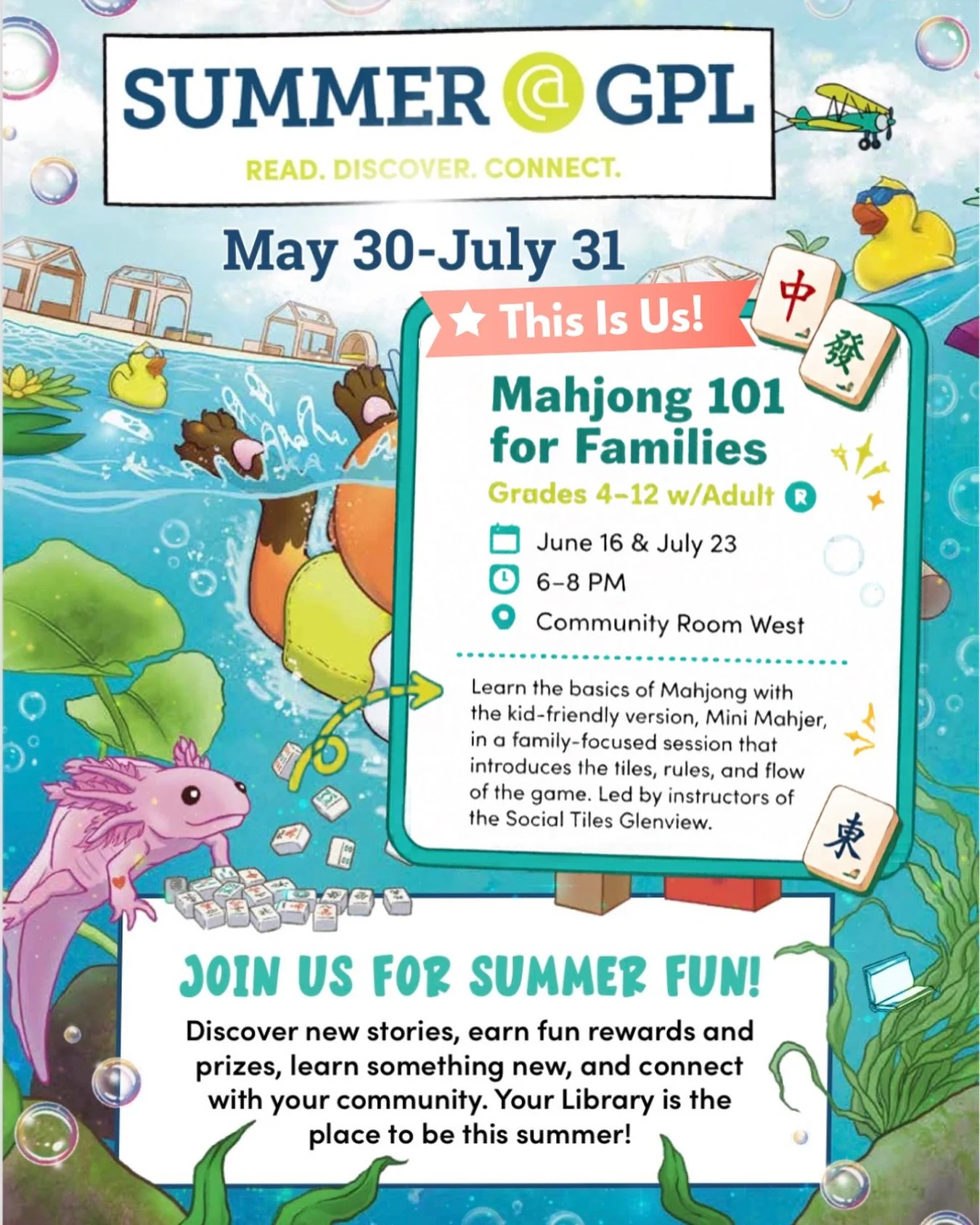 This may be the most exciting thing we&rsquo;ve done yet 🀄💚 

We&rsquo;re so excited to partner with the @glenpublib this summer for Mahjong 101 for Families!

Can you spot the axolotl playing Mahjong? Absolute perfection.

This one is going to fil