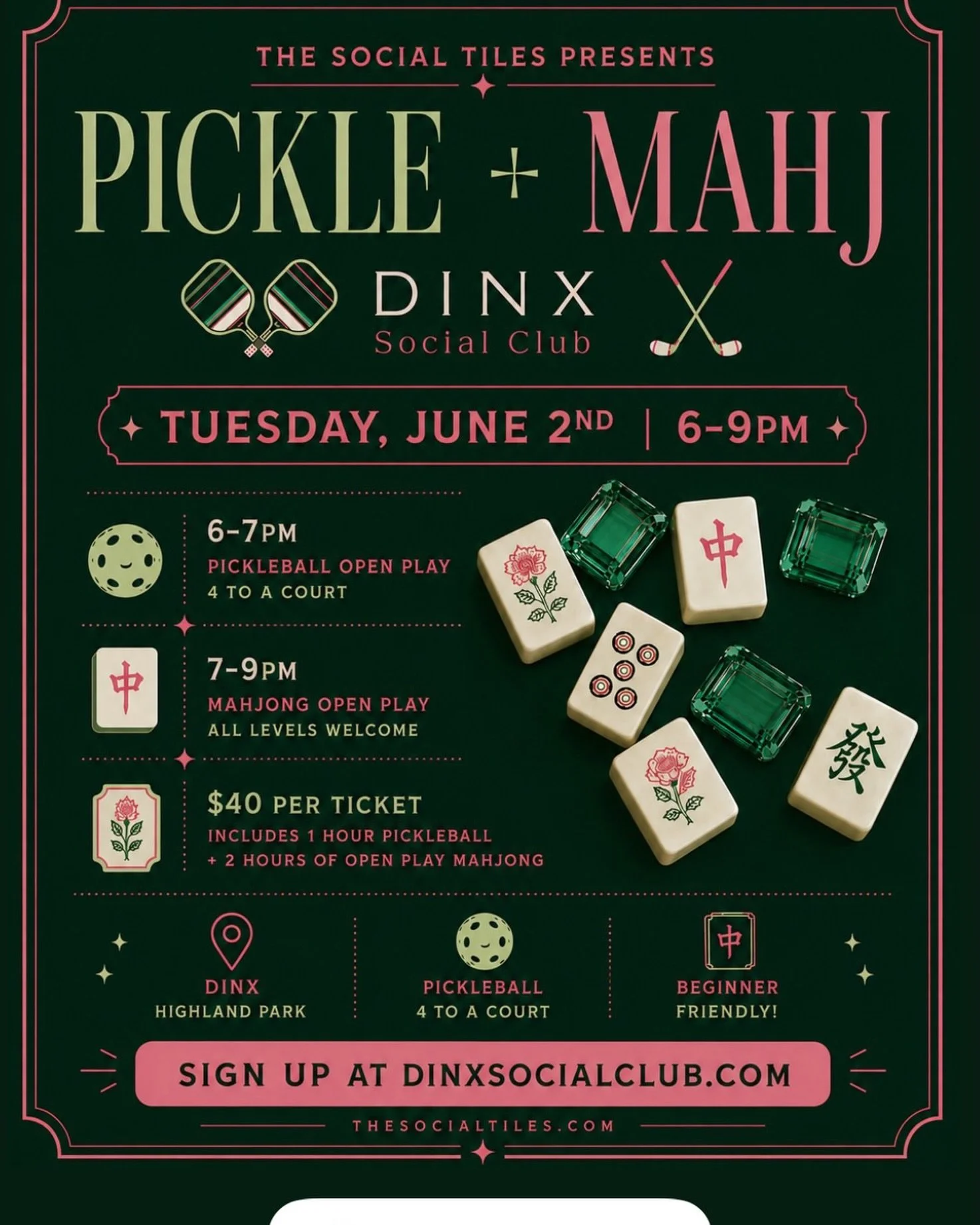 Back by popular demand: Pickle + Mahj is BACK. 🏓🀄

We just went live 20 minutes ago and there are already only 18 spots left. Not to be dramatic, but this one is capped at 24 players, so spots really are limited. Like&hellip; actually limited. lol
