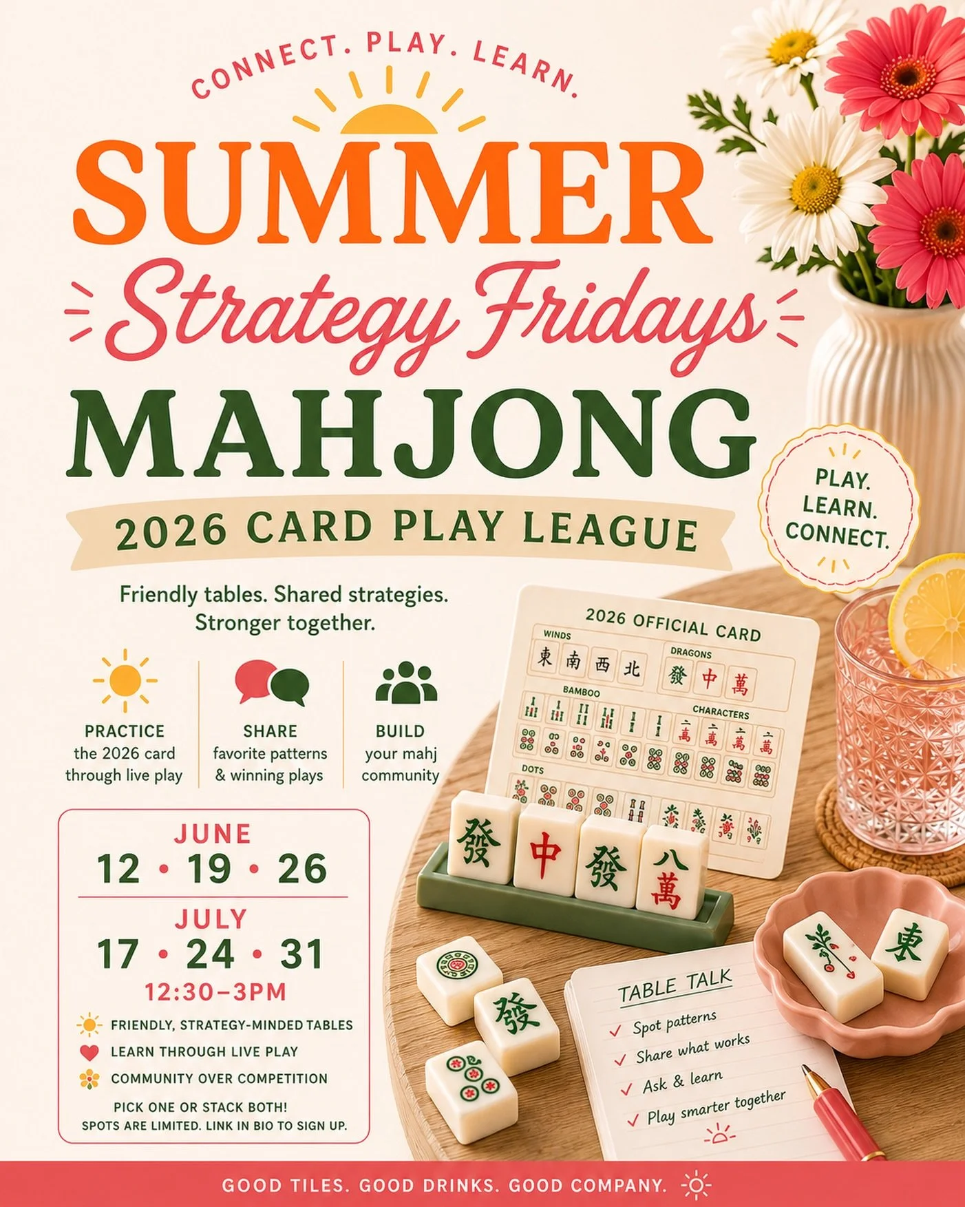 Your new Summer Friday ritual ☀️🀄️
A little strategy. A lot of mahjong. ✨

Join us at Grandpa&rsquo;s Place for sunny afternoons of live play, shared tips, favorite hands, and building confidence with the 2026 card- all in a friendly, social atmosph