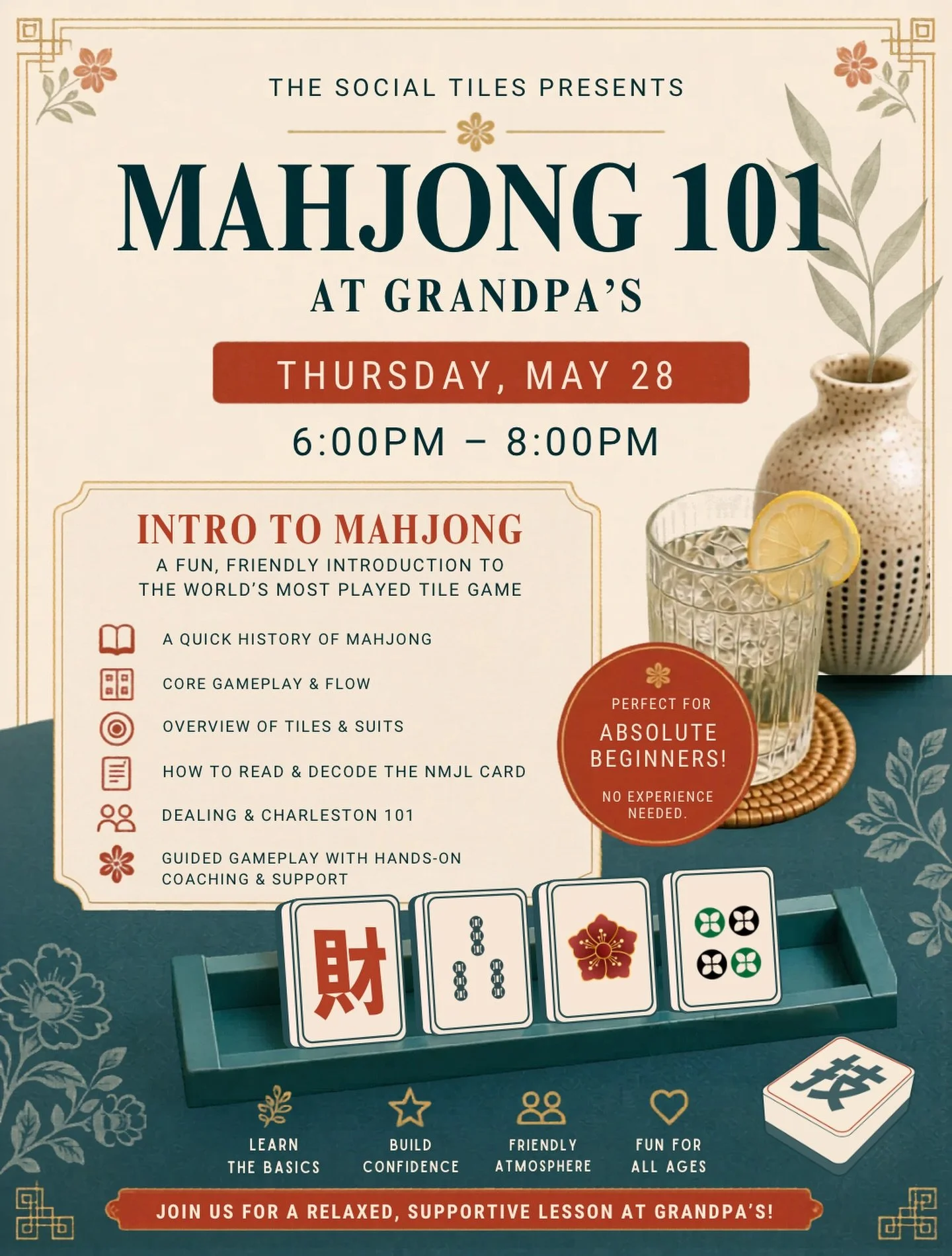 Ready to finally learn Mahjong? ✨🀄️

Join us at Grandpa&rsquo;s for a relaxed, beginner-friendly Mahjong 101 lesson where we&rsquo;ll cover the basics, build confidence, and get you comfortable at the table. Whether you&rsquo;ve been curious for yea