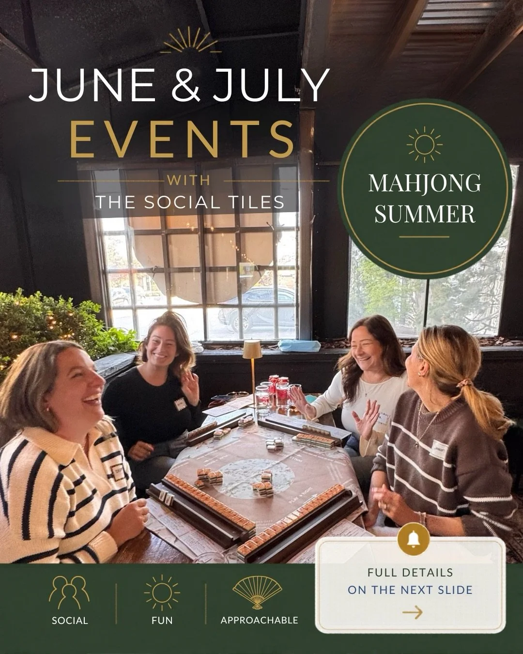 🀄✨ Mahjong summer is here!

Come learn Mahjong, meet new people, and discover why everyone is falling in love with the game.

☀️ Social
☀️ Fun
☀️ Approachable

Whether you&rsquo;re starting with Mahjong 101, leveling up with 102, or joining one of o