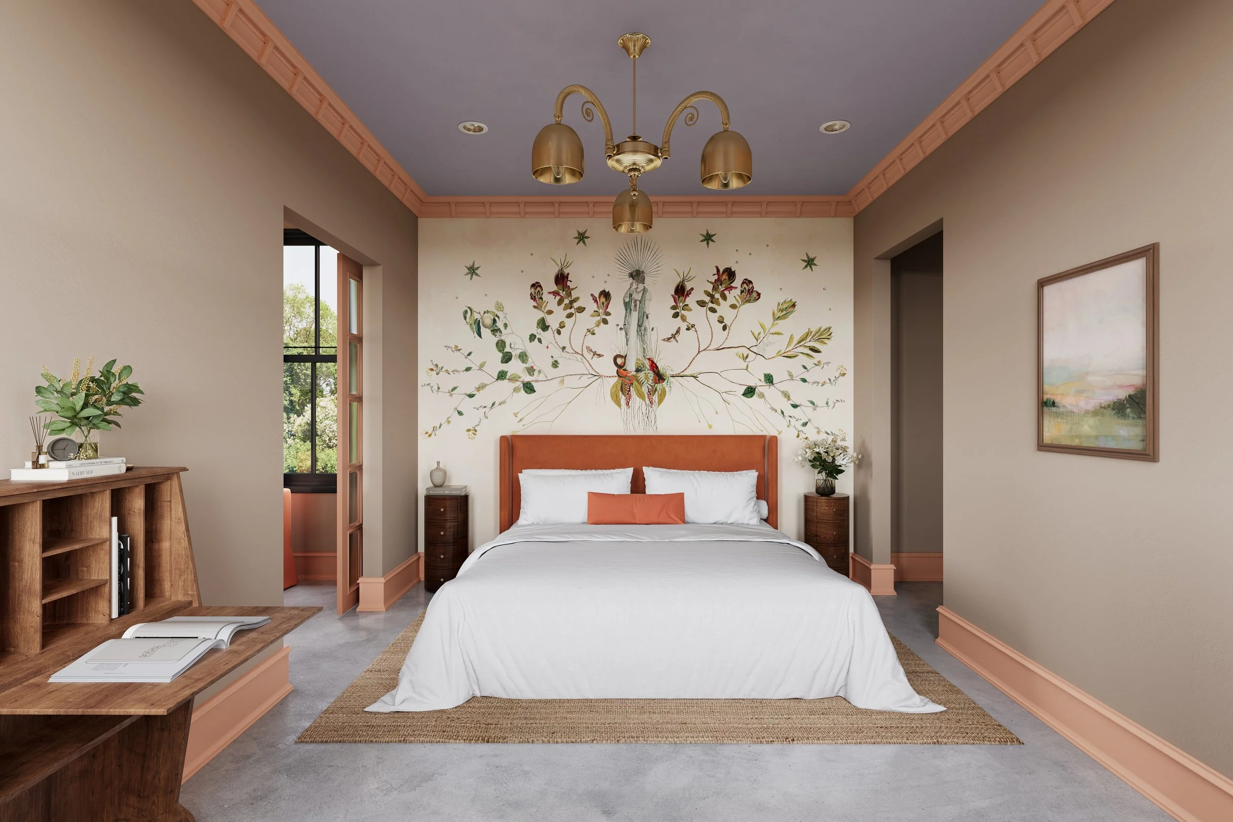 A bedroom with a bed, two nightstands, and a decorative wall mural featuring a tree with birds and a person in a halo. There is a chandelier hanging from the ceiling and a window showing greenery outside.