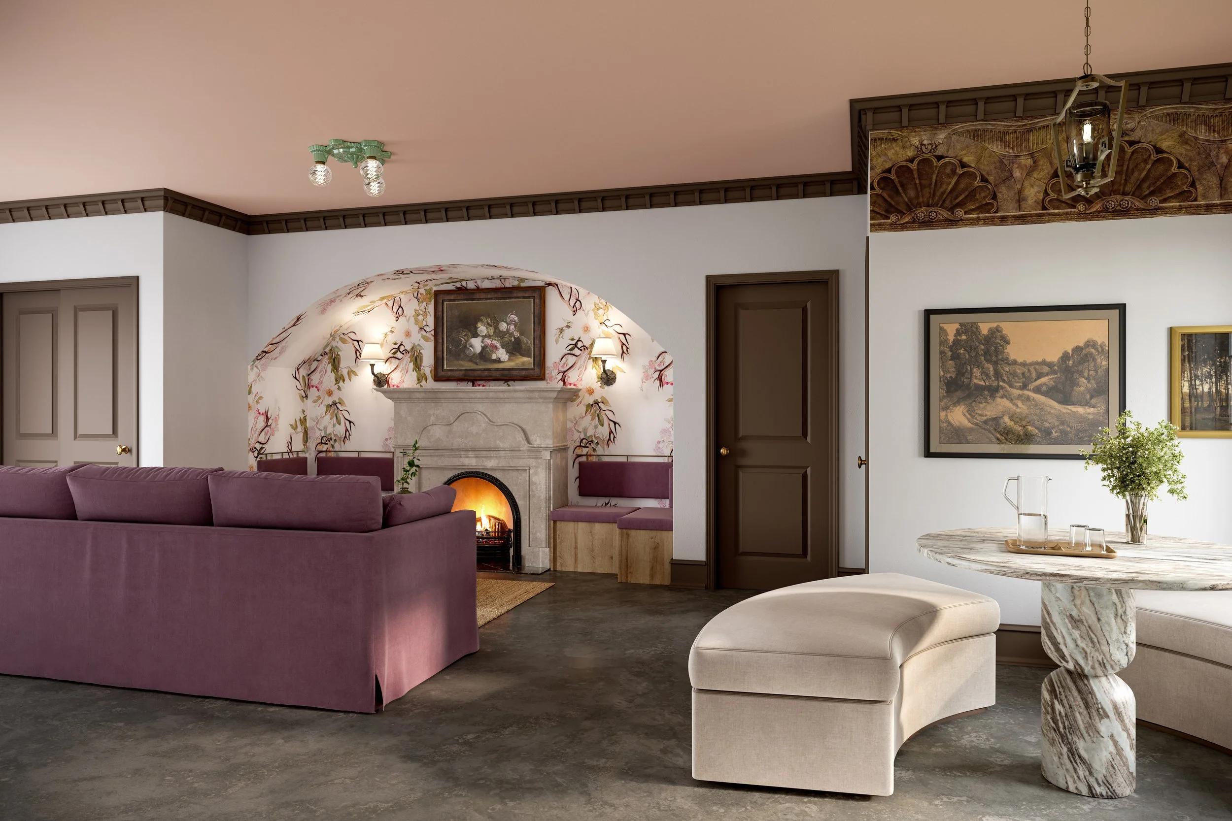 Interior living room with a purple sofa, a decorative fireplace, and wall art, with a marble table and beige ottoman in the foreground.