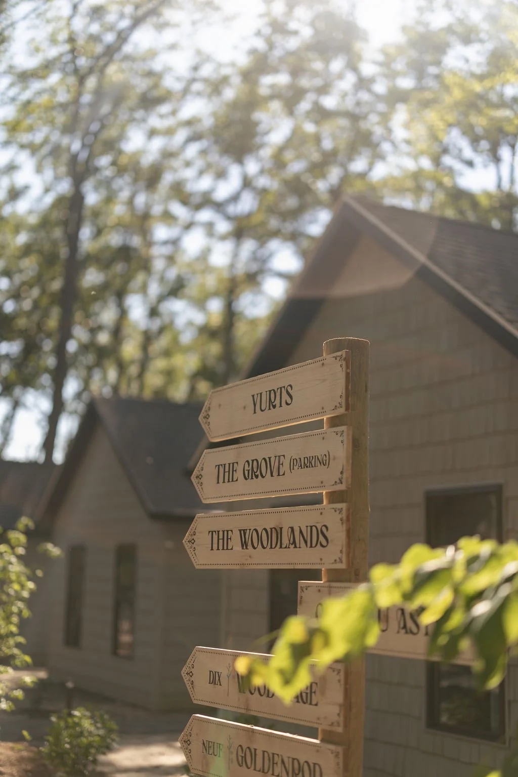 Wooden signpost with multiple directional signs pointing to various locations, including "Yurts," "The Grove (Parking)," "The Woodlands," "Dix Woods," and "Neuf Golden Pond," in a wooded outdoor setting with a house and trees in the background.