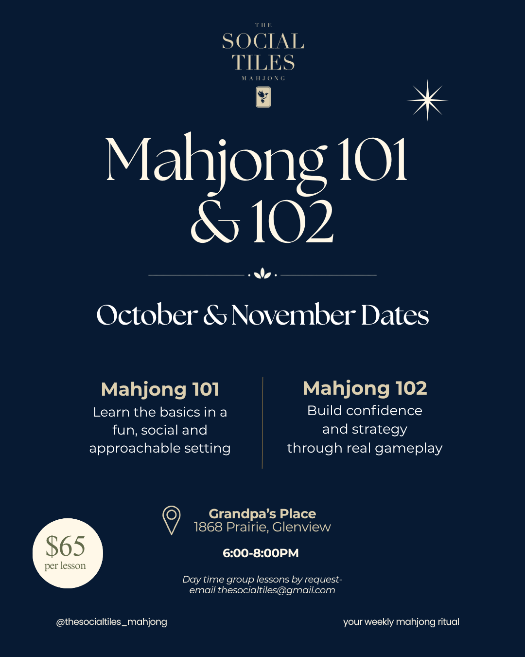 Mahjong 101 or Mahjong 102 at Grandpa's // October and November Dates