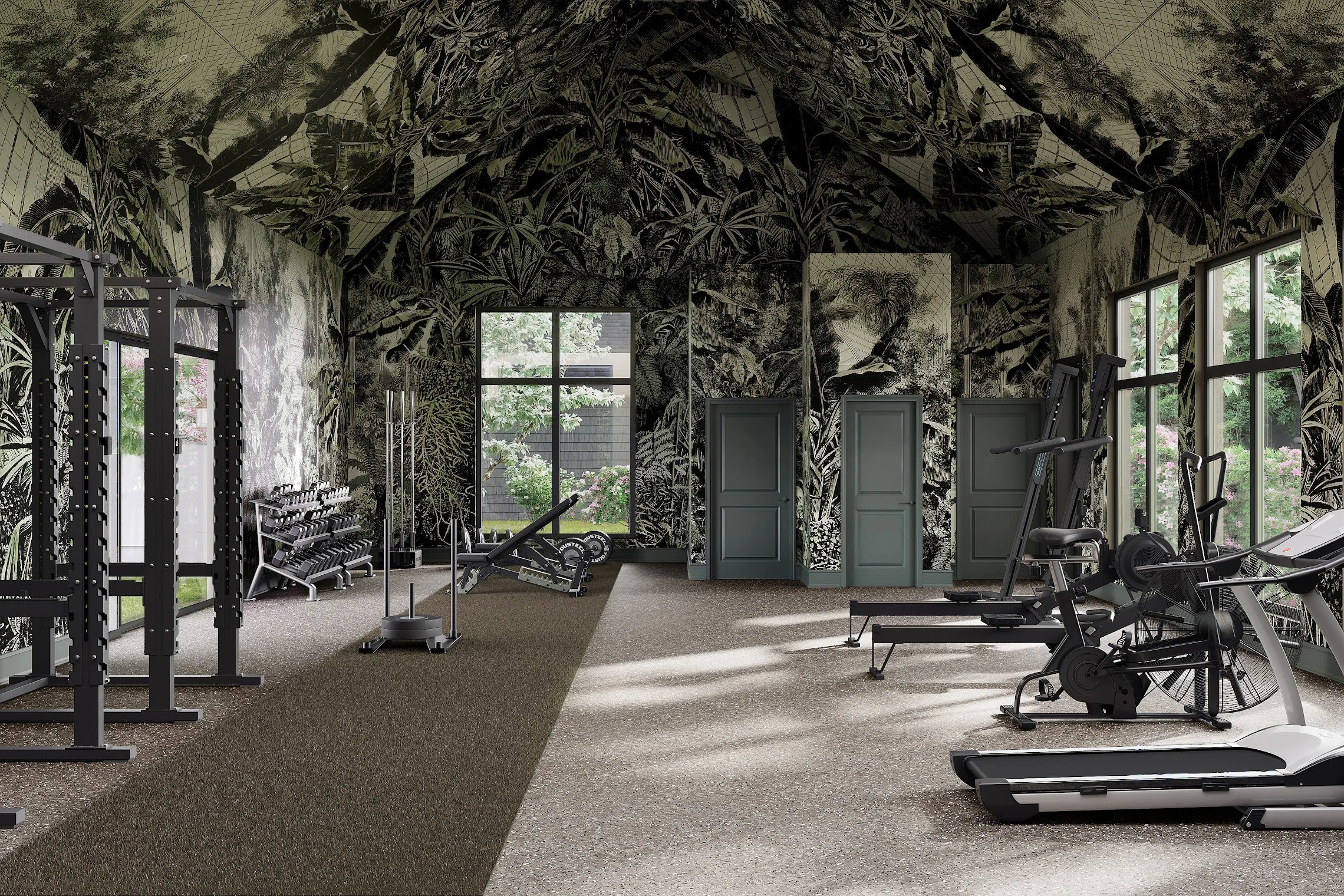 Fitness room with exercise equipment, including a treadmill, stationary bike, weight rack, and rowing machine, with large windows and tropical wallpaper.