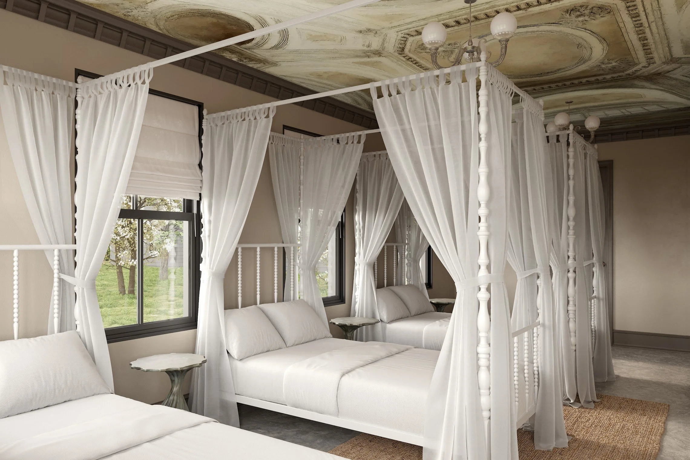 A bedroom with a white four-poster bed surrounded by white curtains, multiple windows with blinds, and a decorative ceiling.