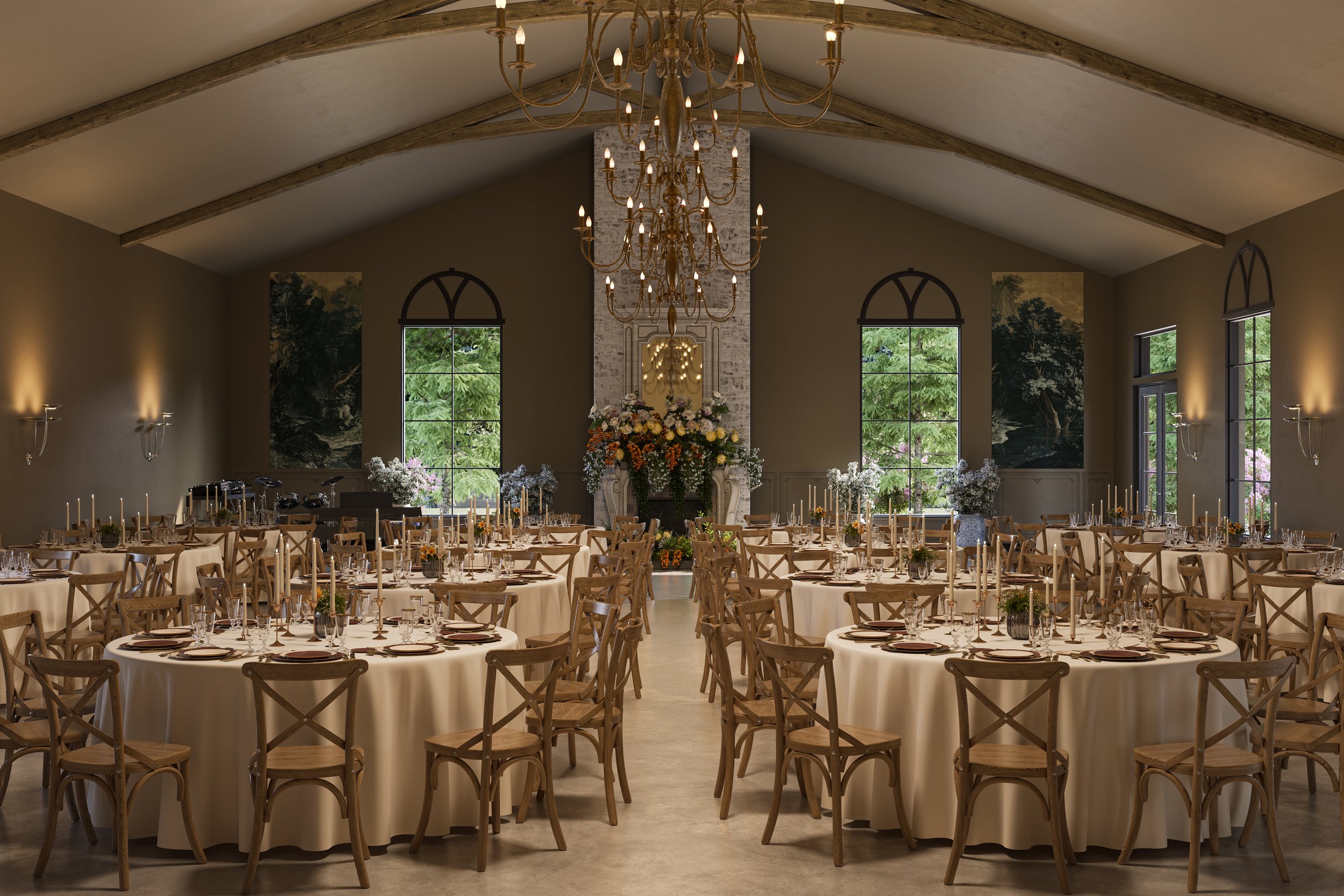 Elegant event hall decorated for a wedding or celebration with round tables, white tablecloths, floral centerpieces, and wooden chairs. A large chandelier hangs from the ceiling, and there are tall windows with greenery outside. The room features a f
