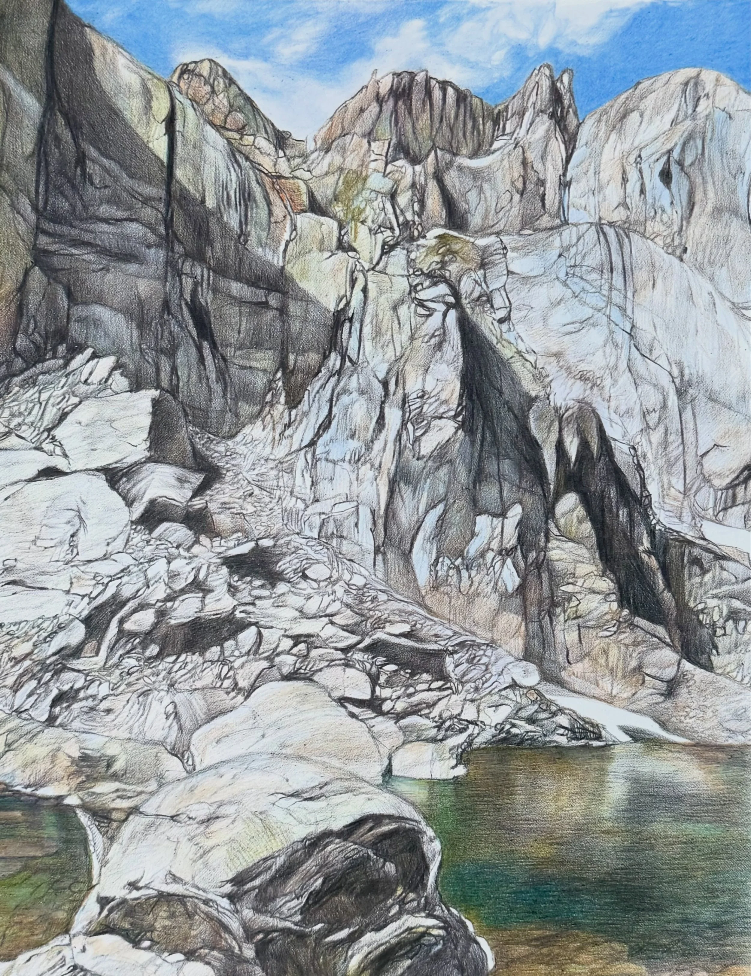 Chasm Lake @rockynps #colorado - a stopping point en route to Longs Peak, and a destination in its own right 

Reaching Chasm - 11&rdquo;x14&rdquo; - colored pencil on paper. A limited edition of prints will be available - shoot me a DM to get in lin