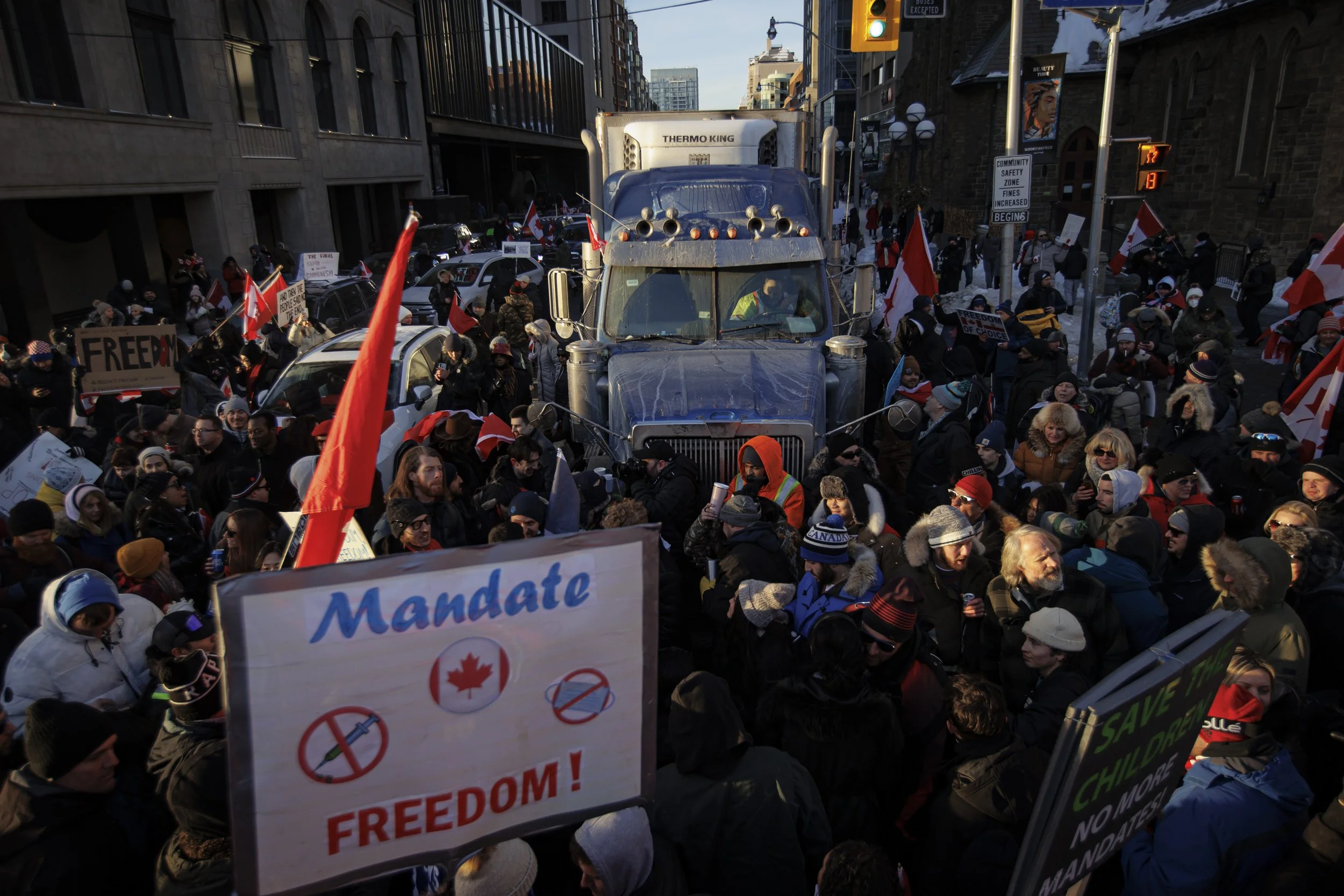 The convoy moves through downtown Toronto on Feb. 5, 2022.