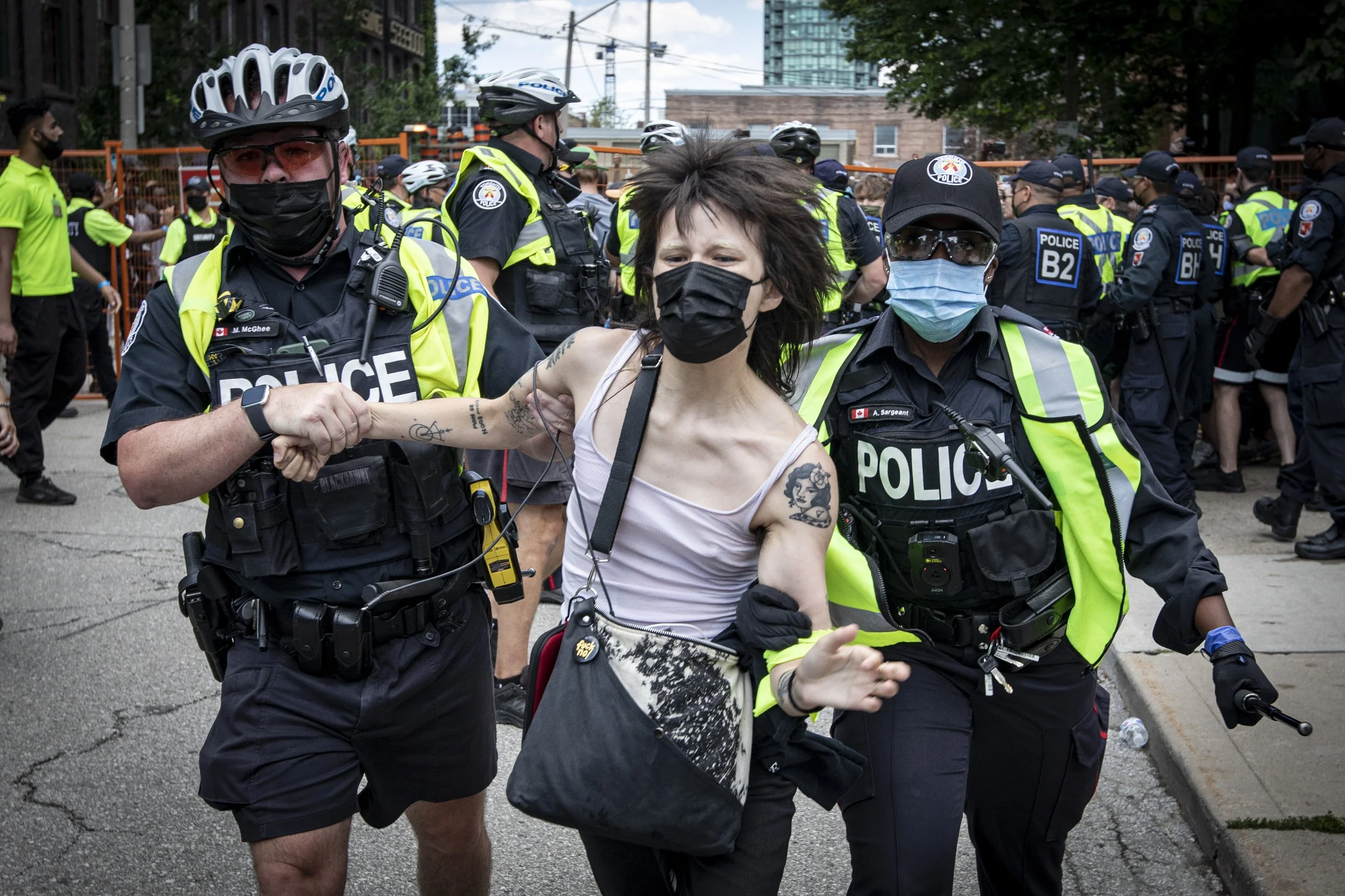 Police clear an encampment at Lamport Stadium, in downtown Toronto, on July 21, 2021.