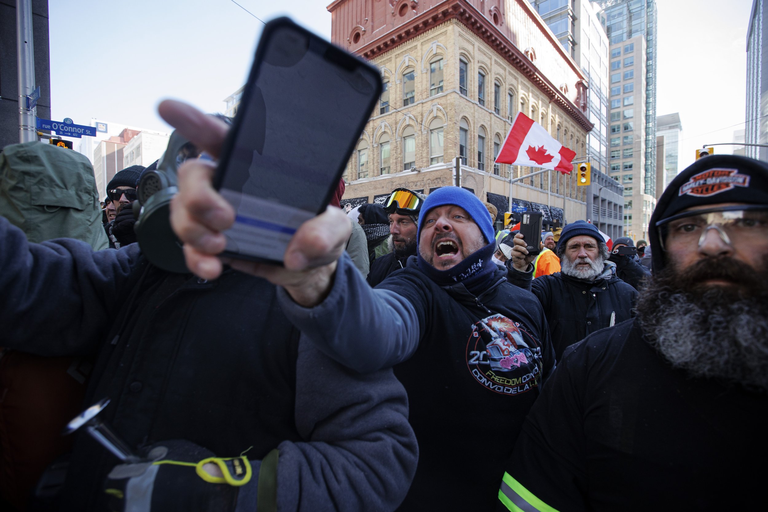 Demonstrators and police come together during as an injunction against the Parliament Hill encampment is enforced on Feb. 19, 2022.