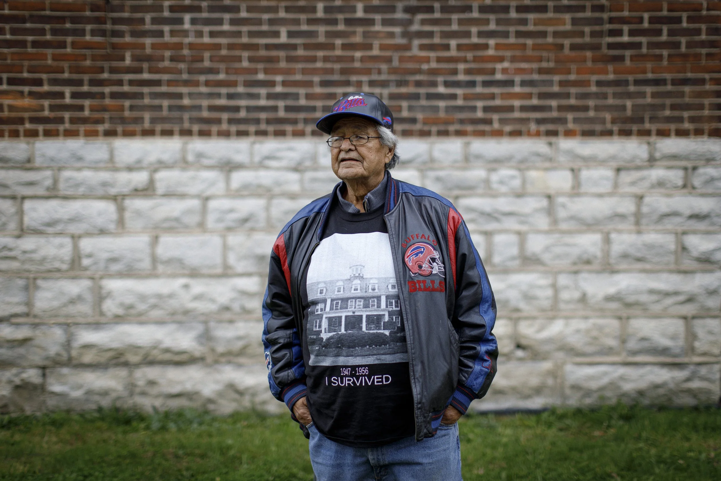 Residential school survivor Al Johnson, outside the former Mohawk Institute Residential School, Brantford, Ont., Nov. 9, 2021.