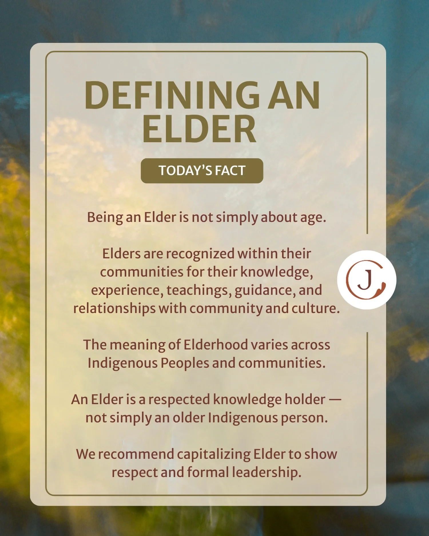 Have you ever wondered what is an Elder?&nbsp;🤔

An older person and an Elder are not the same thing.

Check out today&rsquo;s fact, which explores what it means to be an Elder and why this distinction matters.

#Indigenous #Education #Elder #Learn 