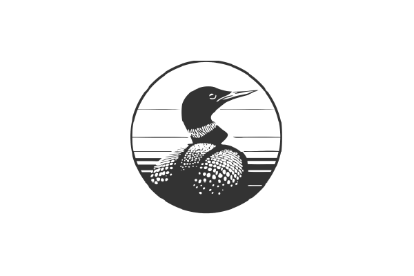 Black and white logo featuring a loon inside a circle with horizontal lines in the background.