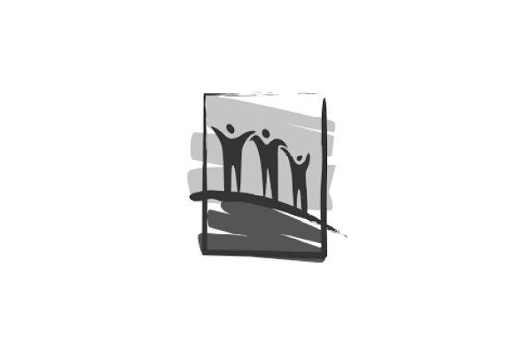 Black and white illustration of three abstract human figures holding hands on a bridge or platform.