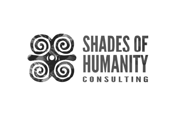Logo for Shades of Humanity Consulting featuring a symmetrical abstract design and bold text.