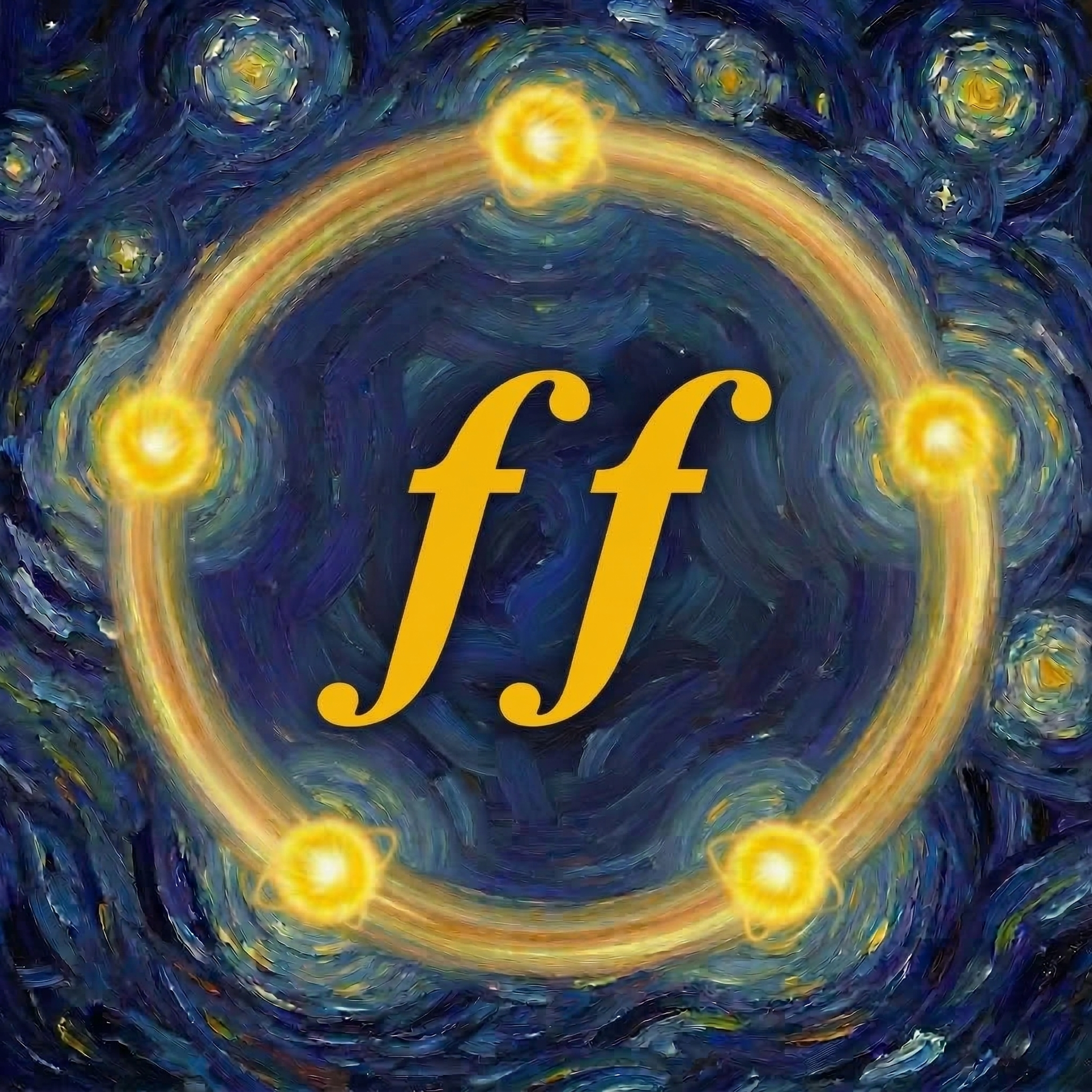 Firefly Fusion's main avatar, which is a monogram logo with a swirling starry night sky, five yellow firefly orbs speeding around in a circle, and with the stylized orange letters 'ff' in the center.